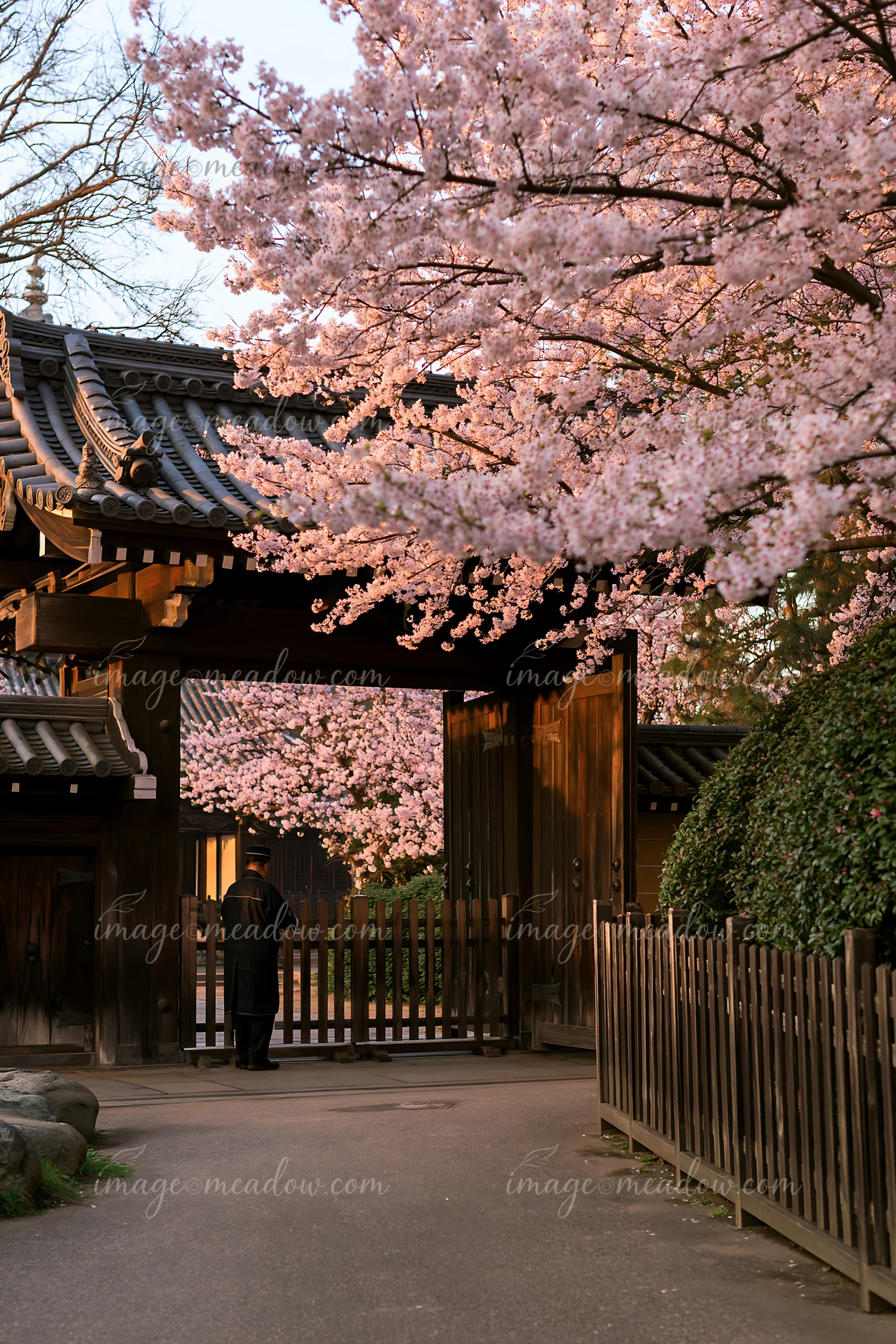 Bright pink cherry blossoms surround a wooden gate leading to a traditional Japanese temple.