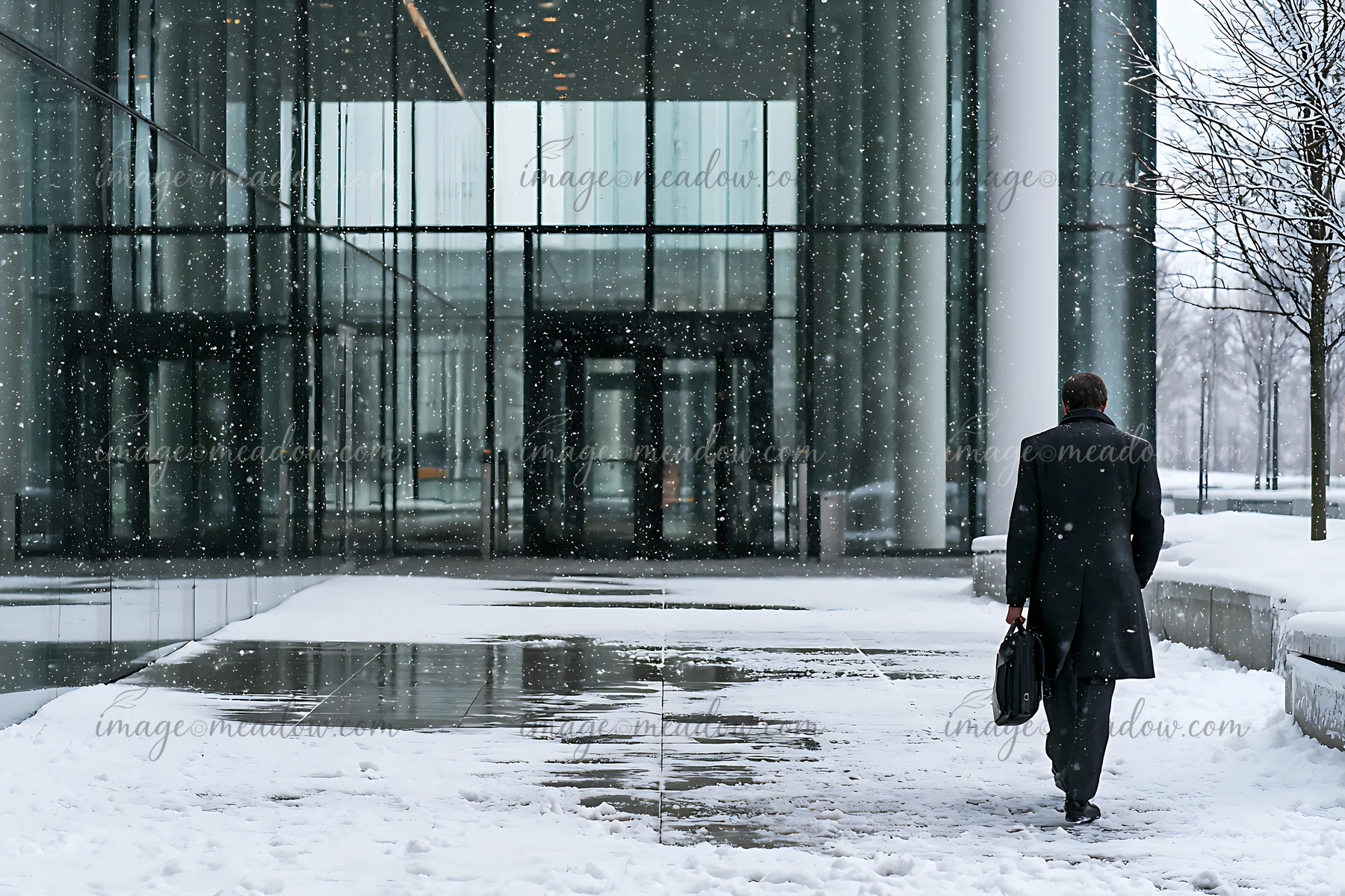 Businessman carrying a briefcase walks through falling snow toward a modern glass office entrance.