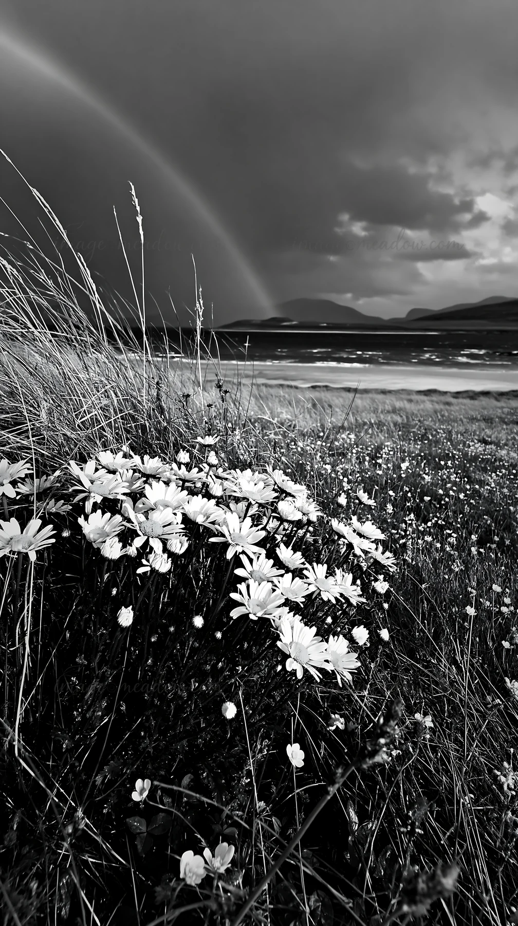A chamomile meadow is in focus, surrounded by grass and small flowers, with a rainbow visible in the sky above a coastline. The scene captures nature's beauty a