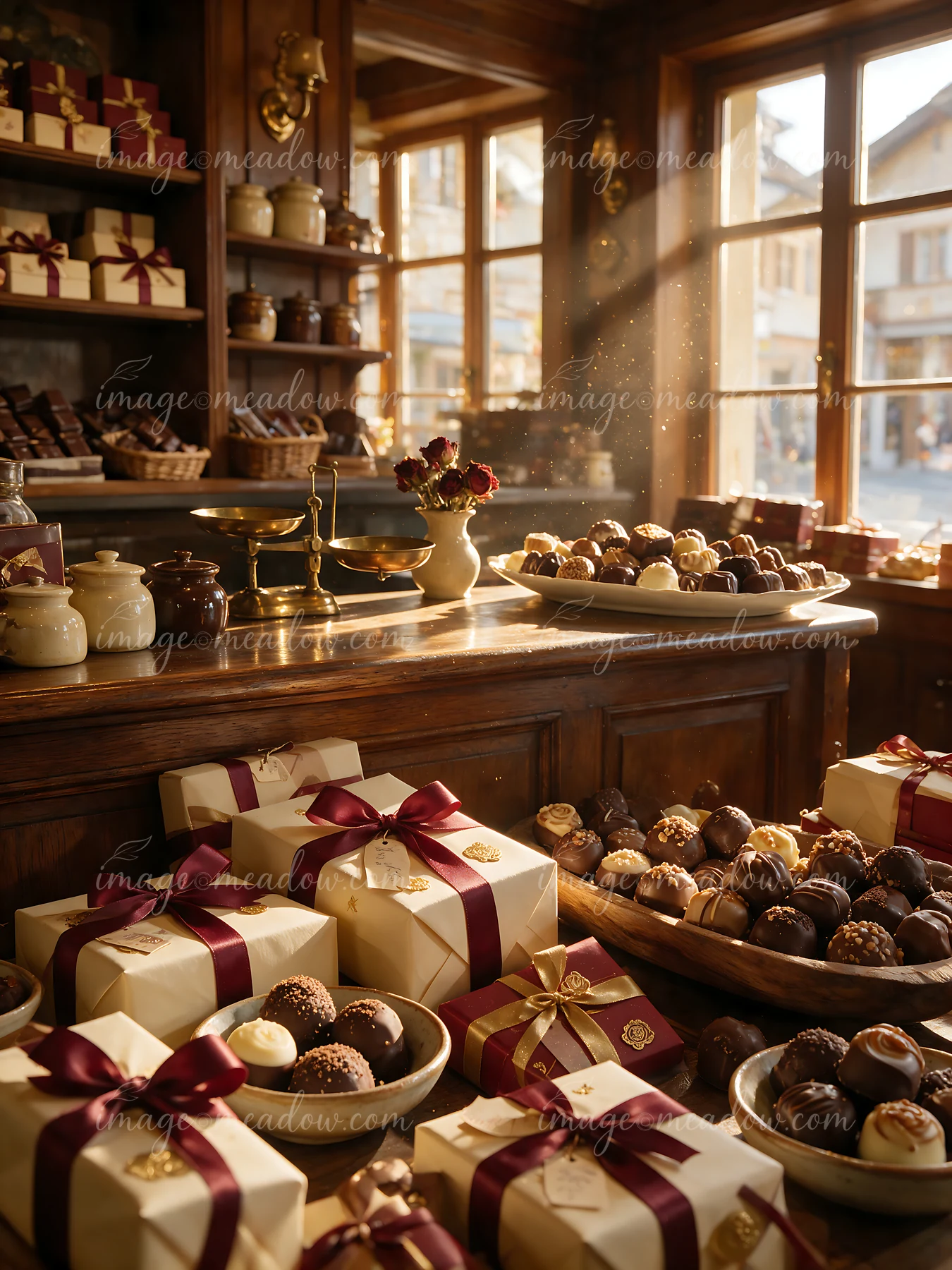 Chocolate pralines and wrapped gift boxes fill a warmly lit shop interior with wooden shelves and large windows.