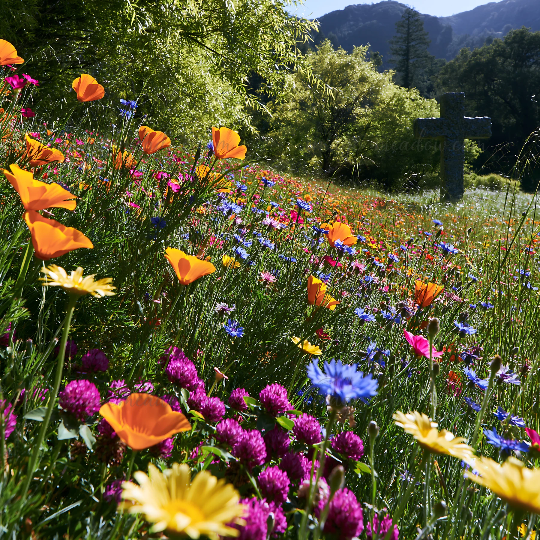 A Christian cross stands in a meadow filled with various wildflowers. Bright orange, purple, and blue flowers surround the cross under clear skies.