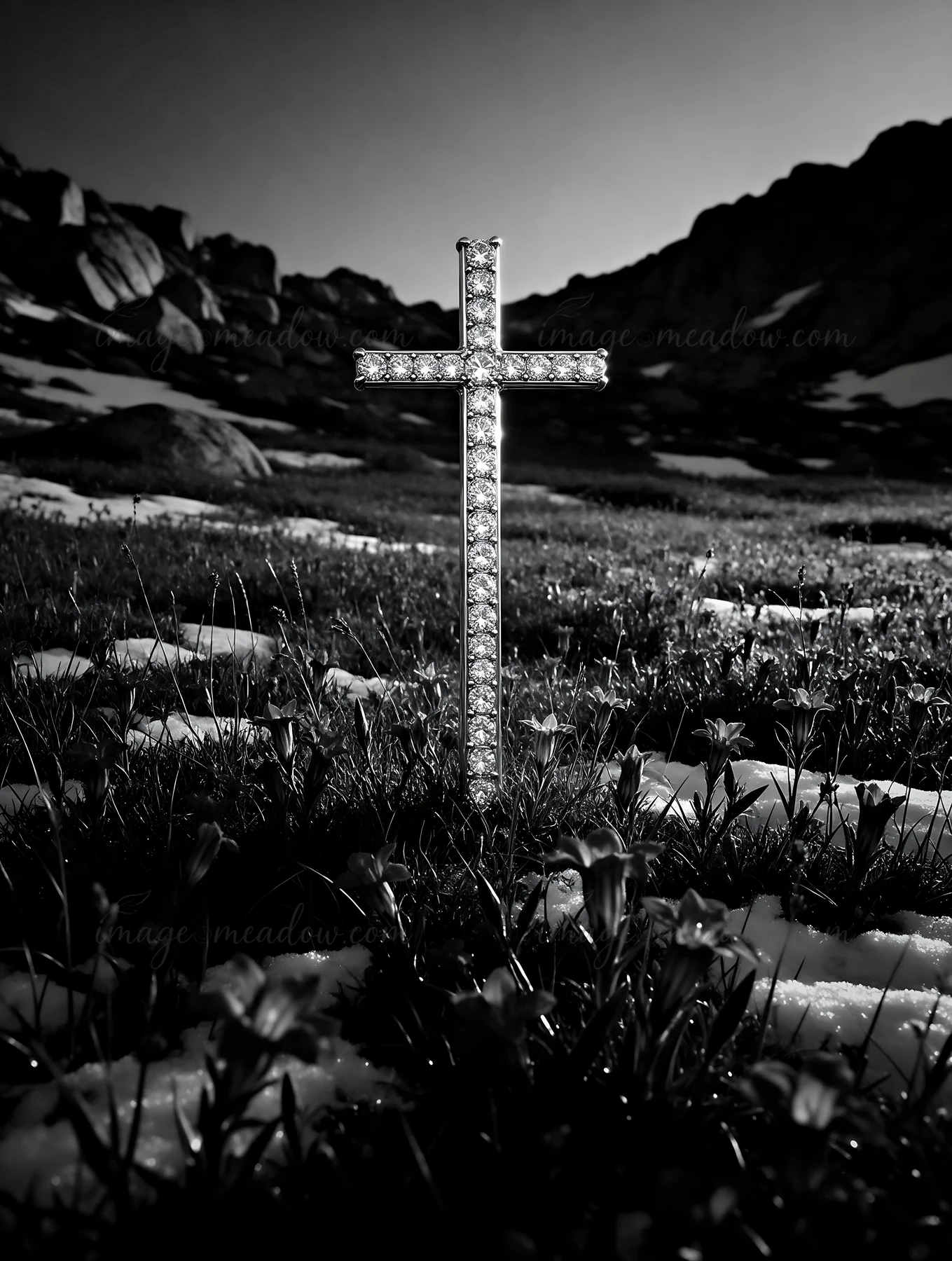 A cross stands among snow in a mountain valley during winter. The cross reflects light from the sun, standing out on the snowy ground. Rocks and grass surround