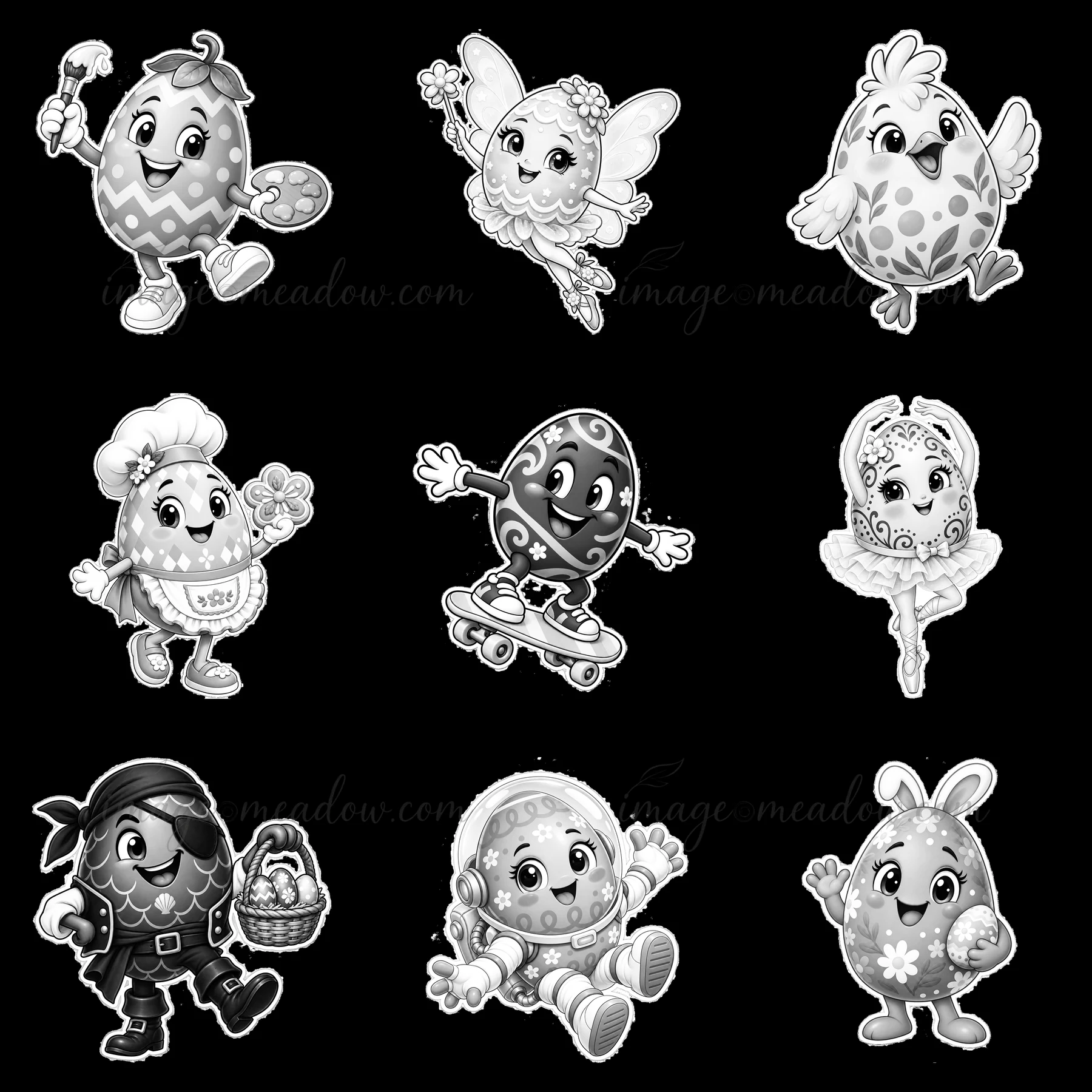 Nine cartoon stickers show Easter eggs in various costumes and activities. Characters include a fairy, pirate, and dancer, all expressing joy. Each egg has uniq
