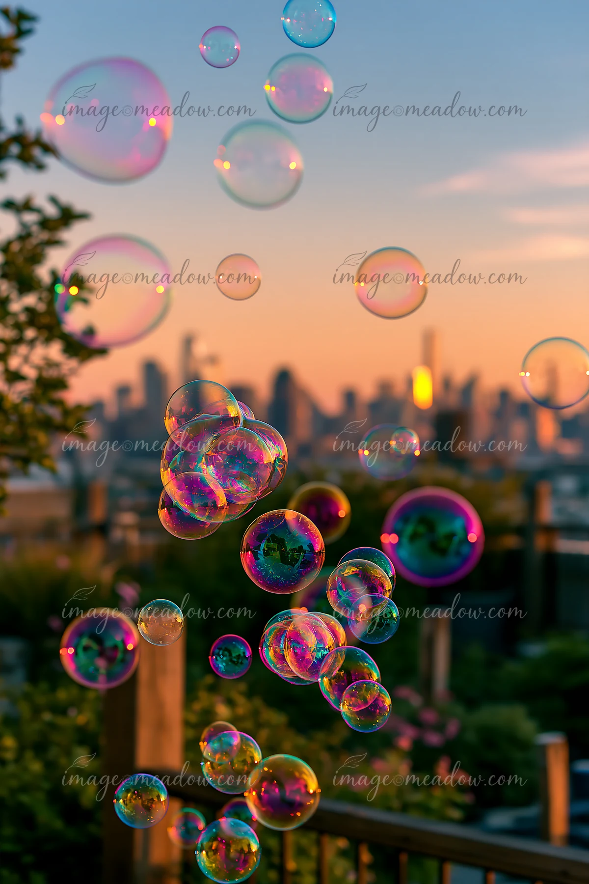 Colorful soap bubbles forming swirl in the air against a sunset background with city skyline.