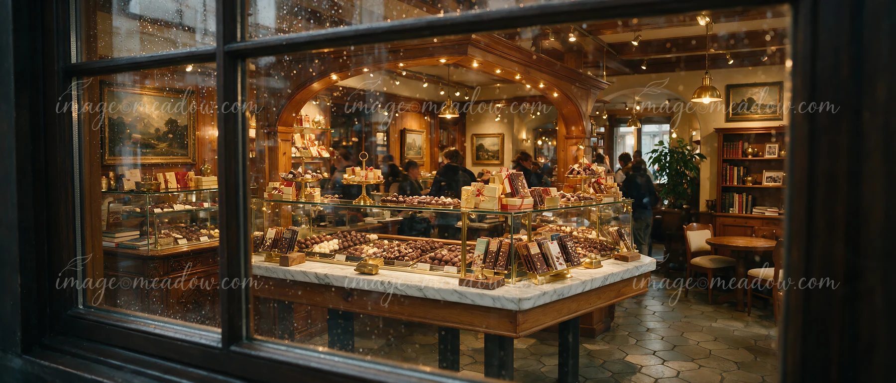 Customers browse a Swiss chocolate shop interior filled with various sweets.