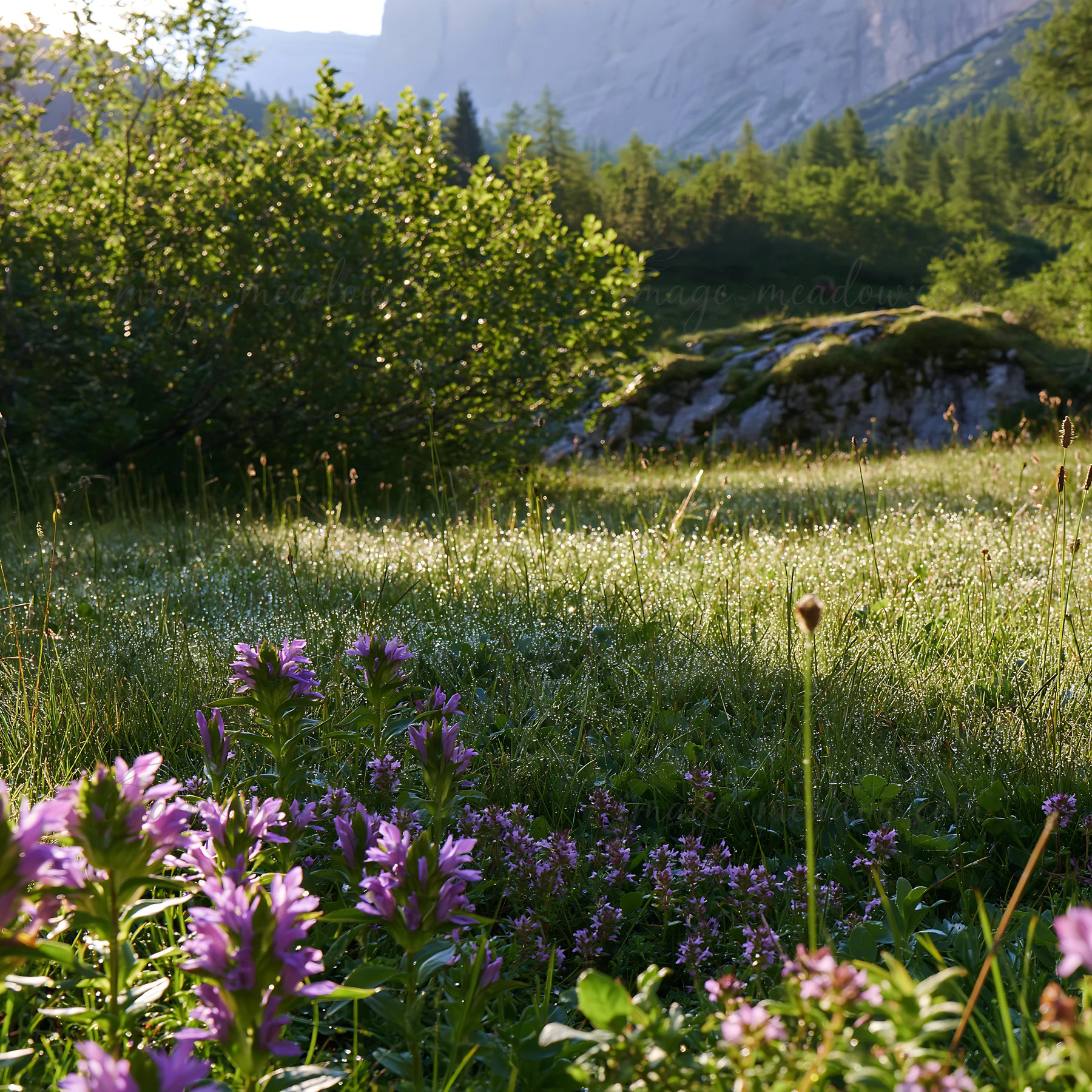 Morning light illuminates a dewy meadow filled with wildflowers and green shrubs. The backdrop features mountains, creating a natural landscape. The scene captu