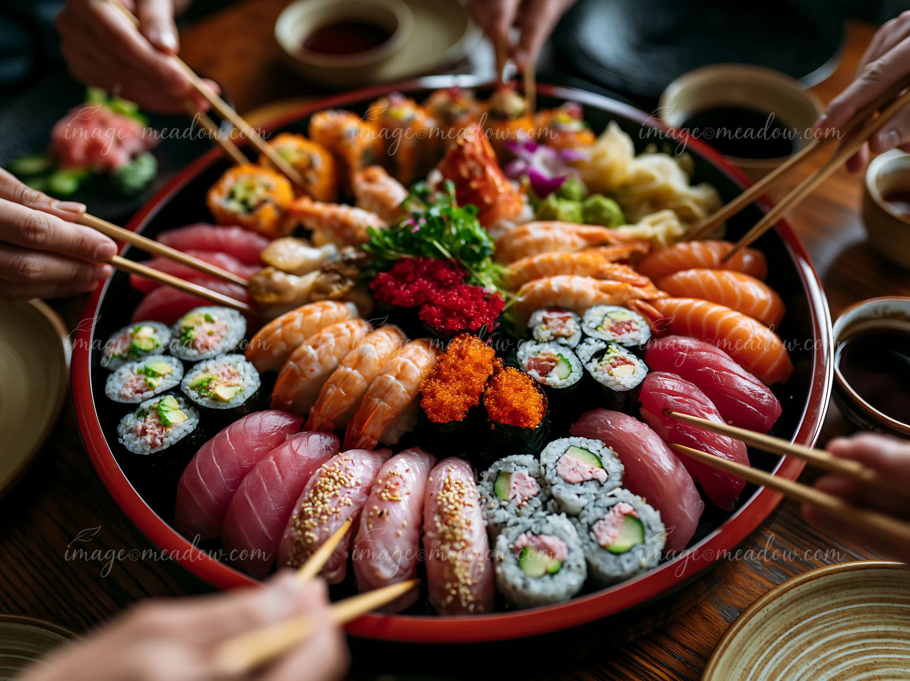 Diners reach for a to-biko roe sushi platter filled with various sushi rolls, shrimp, fish, and garnishes, set on a wooden table with dipping sauces nearby.