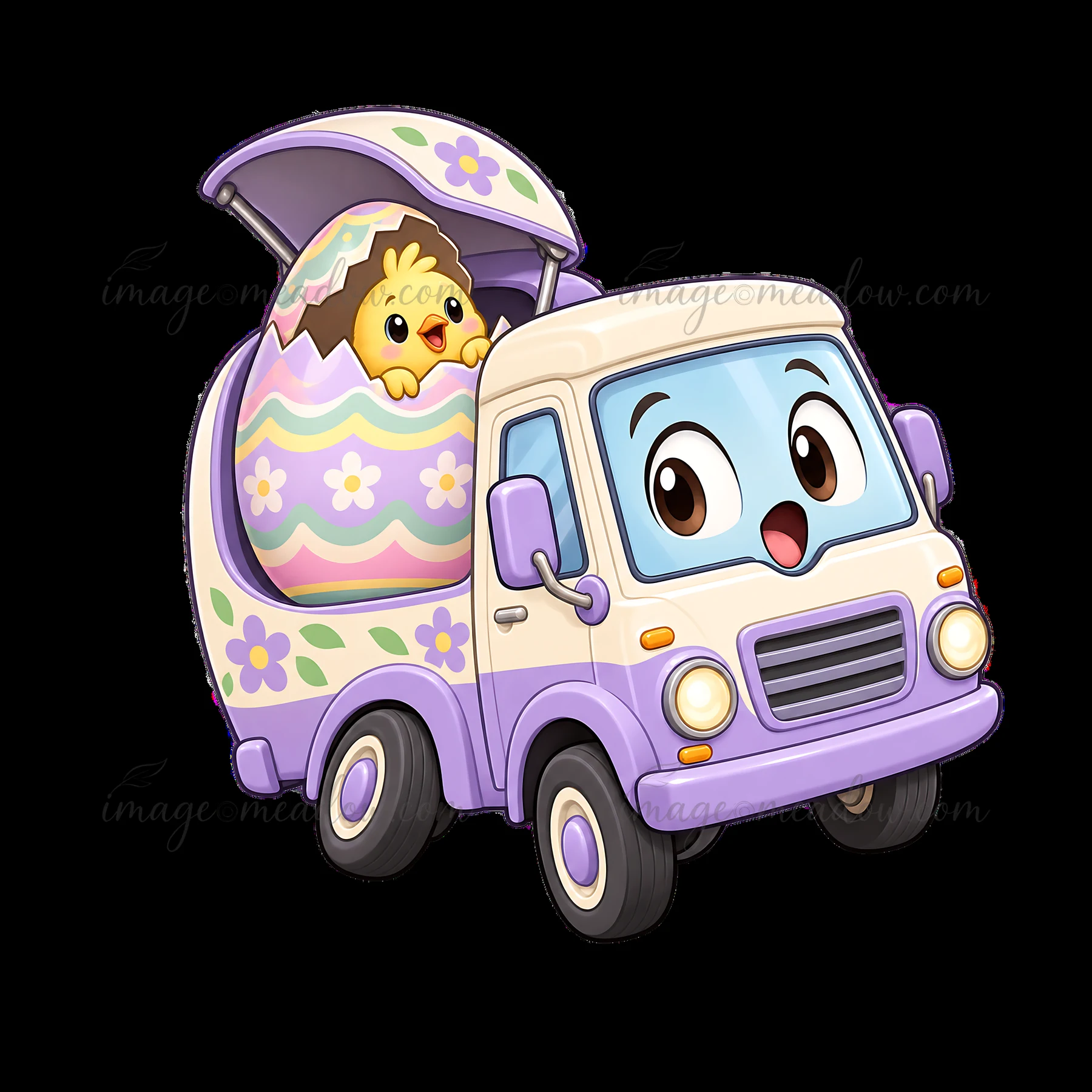 A cartoon truck drives with a large, decorated Easter egg in the back. A cute chick peeks out from the egg, adding a playful touch to the festive scene. The tru