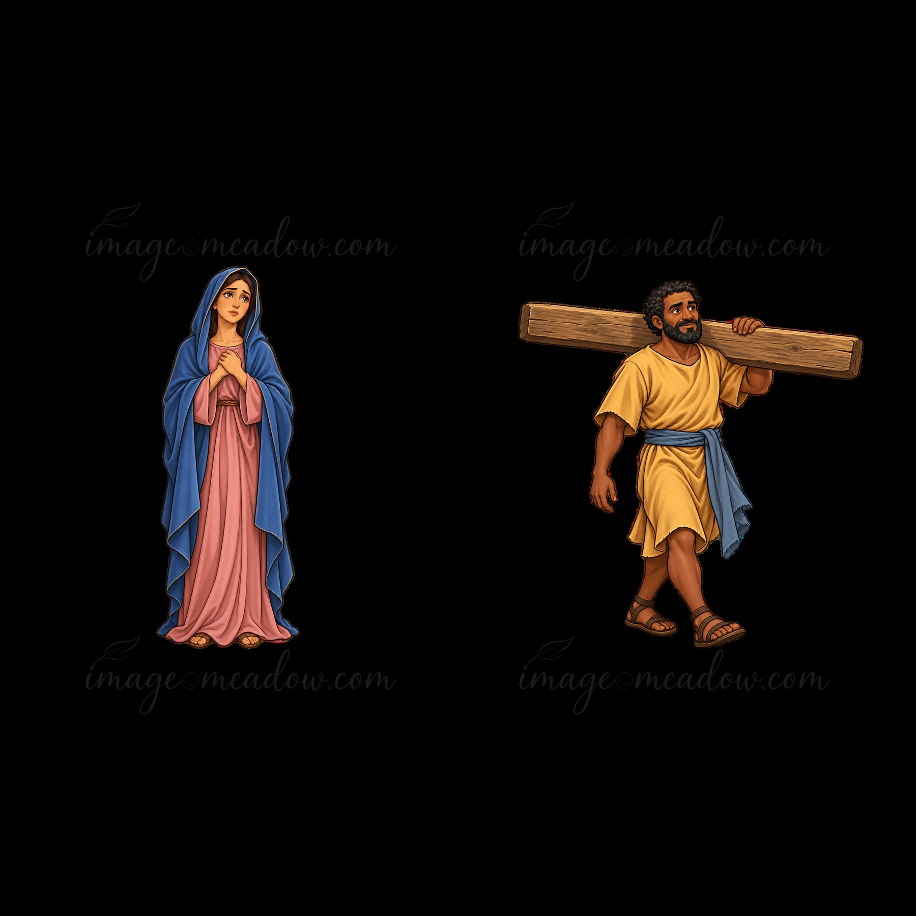 Mary stands with hands clasped, dressed in a blue and pink robe. Simon carries a wooden cross on his shoulder, wearing yellow and blue clothing. The scene depic