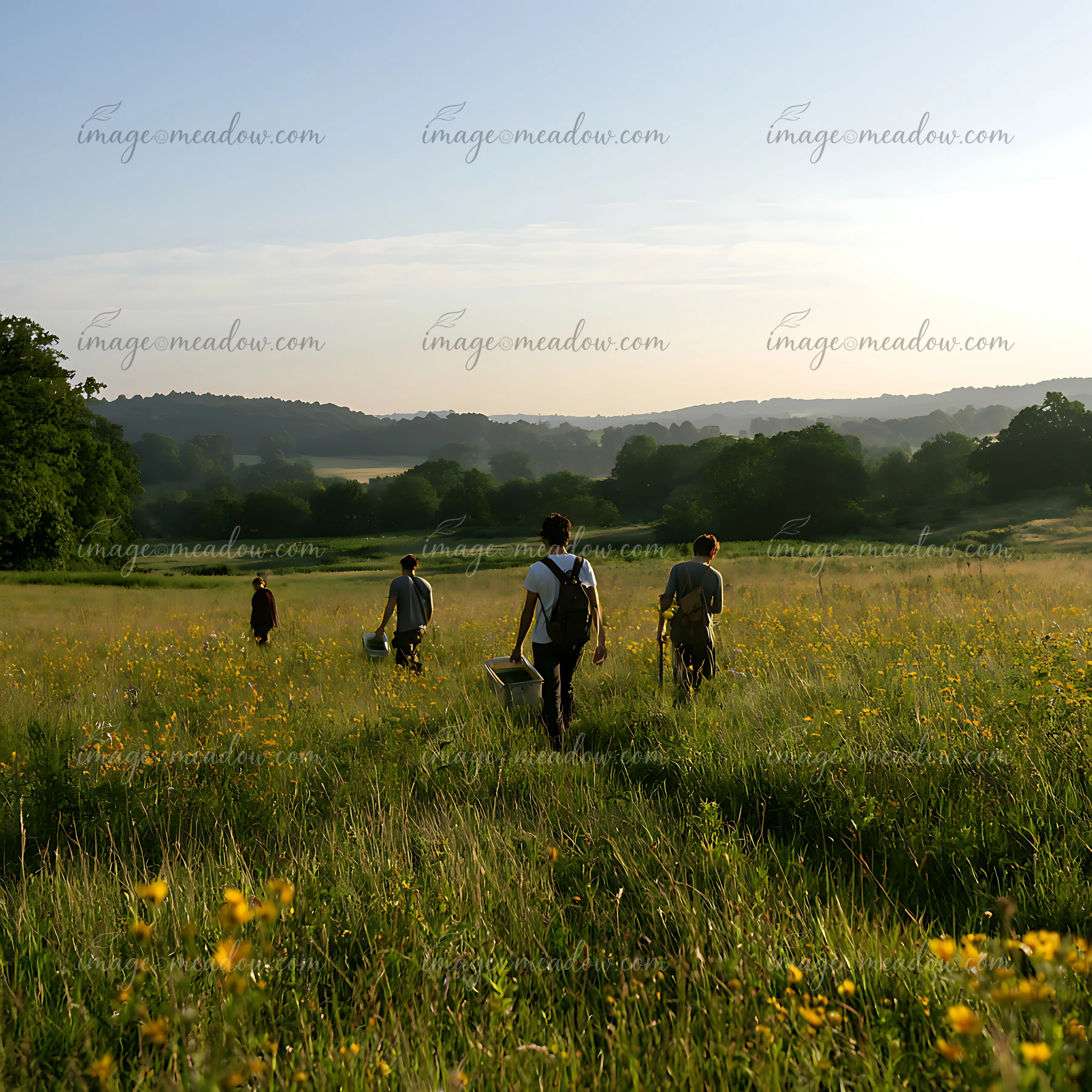 Five people are walking through a wildflower meadow at sunrise, carrying baskets.