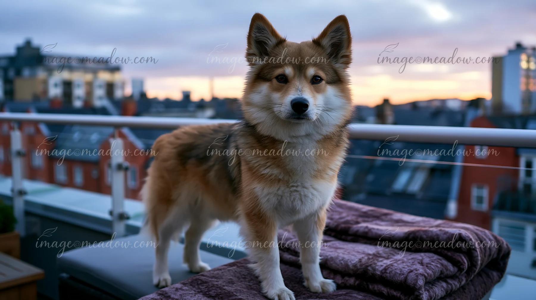 Fluffy dog stands on folded blankets on a rooftop terrace overlooking city buildings at sunset.