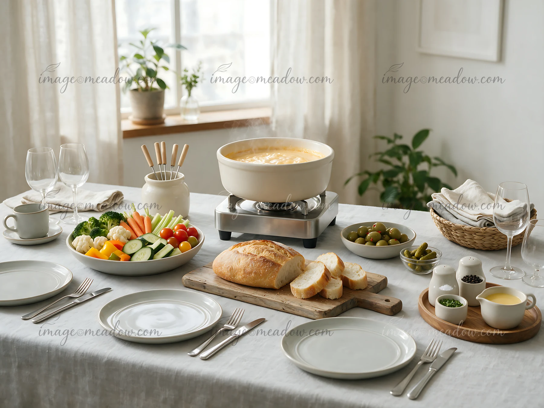 Fondue buffet table with melted cheese, vegetables, bread, olives, and tableware in a bright dining room.