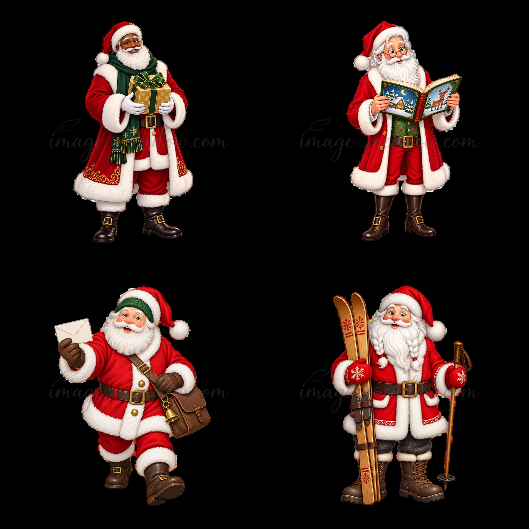 Four distinct Santa Claus characters each engaged in different actions. One holds a gift, another reads a book, a third carries a mail envelope, and the last is ready for skiing.