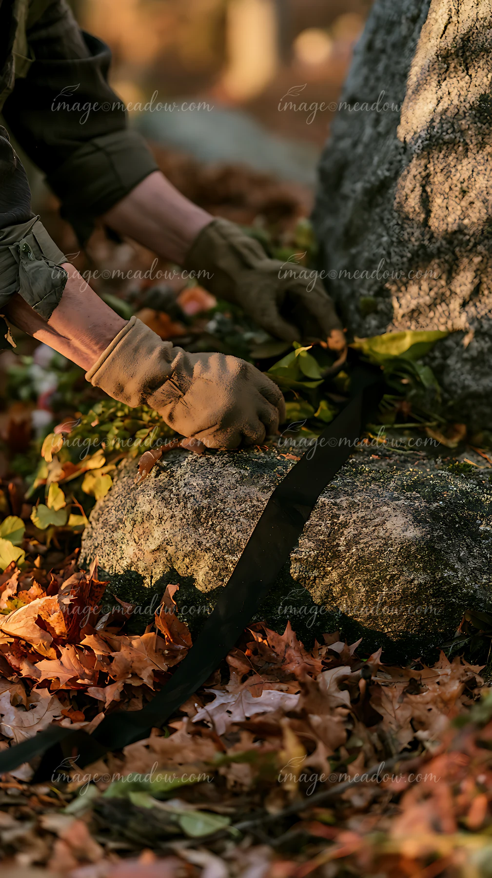 Gloved hands place a black mourning ribbon across a moss-covered grave among fallen autumn leaves.