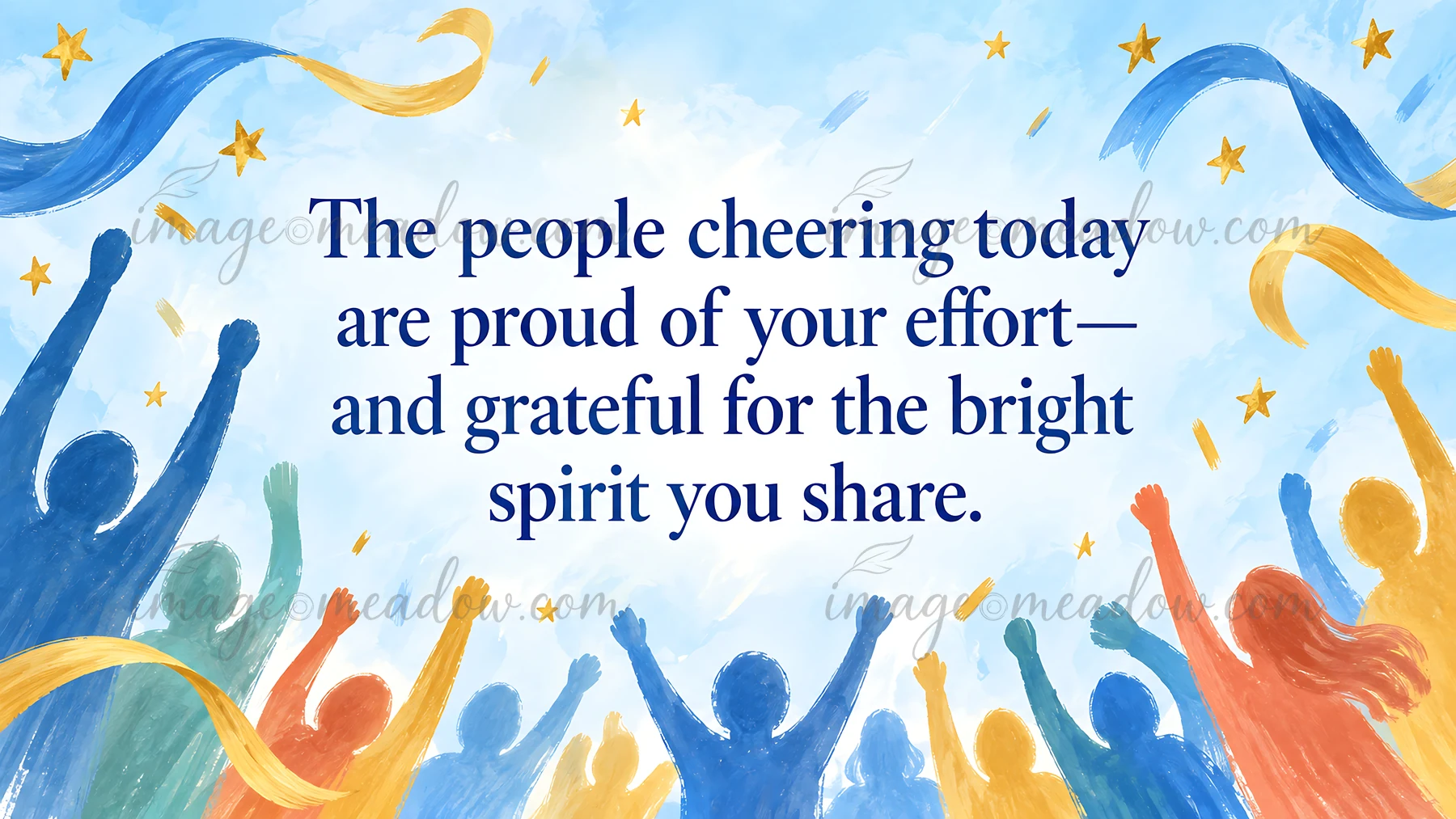 A high school graduation greeting illustration with colorful cheering silhouettes, raised arms, blue and gold ribbons, and stars surrounding a message of pride,