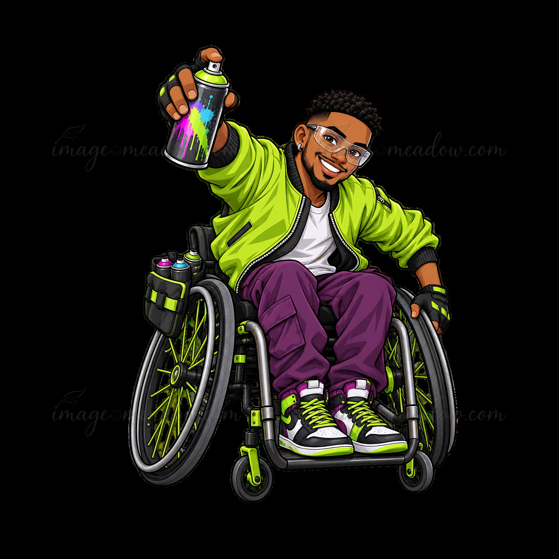 A graffiti artist in a wheelchair holds a spray can high, ready to create. Wearing a bright green jacket and purple pants, he embodies urban street culture with
