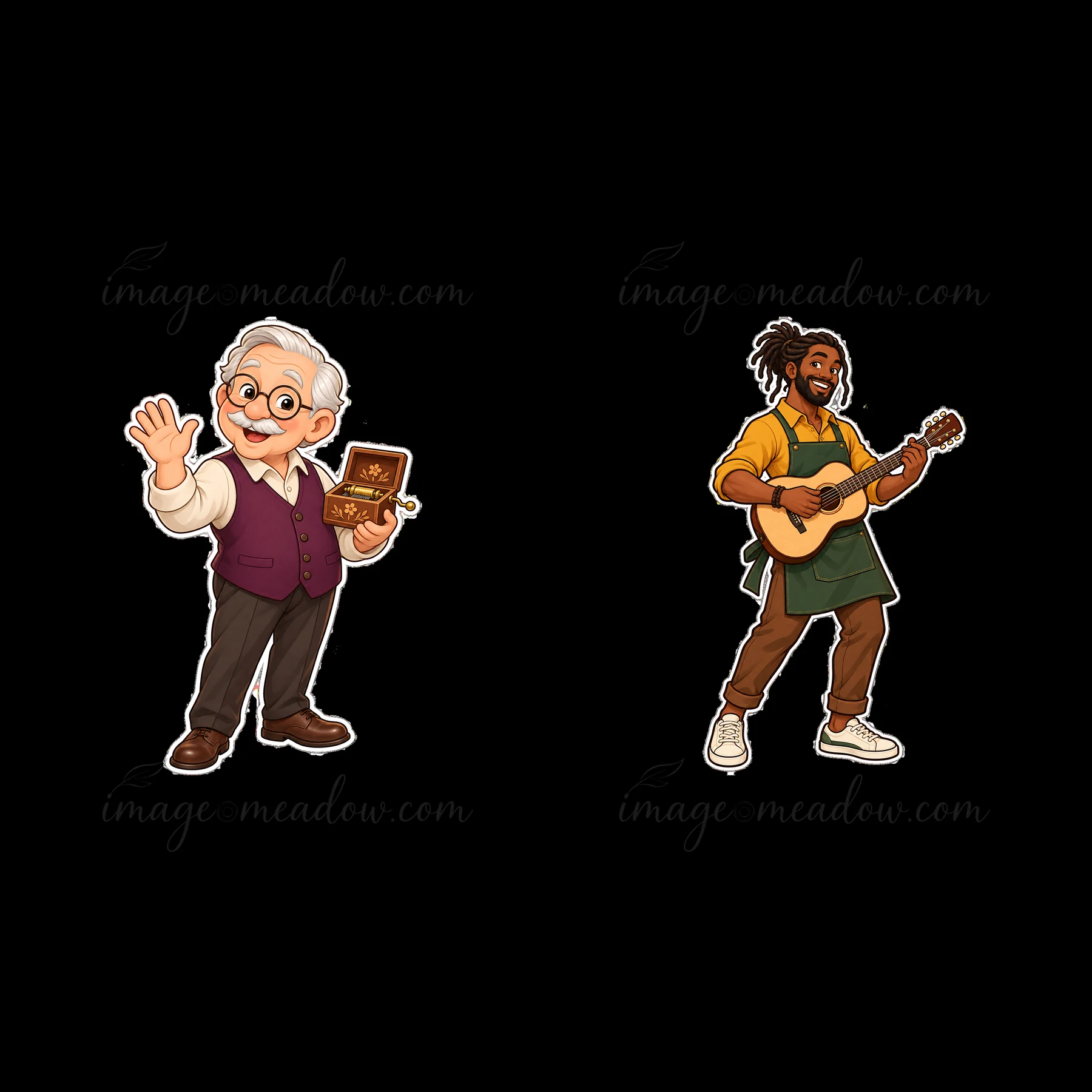 An elderly man waves while holding a storybook. A young man plays guitar and sings. They are in a cozy setting, enjoying each other's company with laughter and