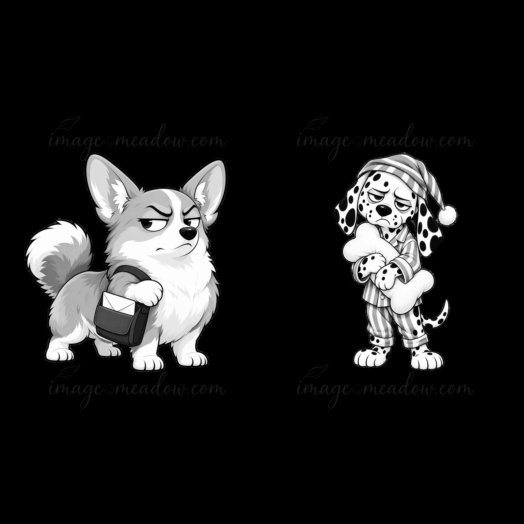 Two cartoon dog characters are shown. The left dog, a corgi, looks grumpy while holding a parcel. The right dog, a dalmatian, wears pajamas and grips a bone, sh