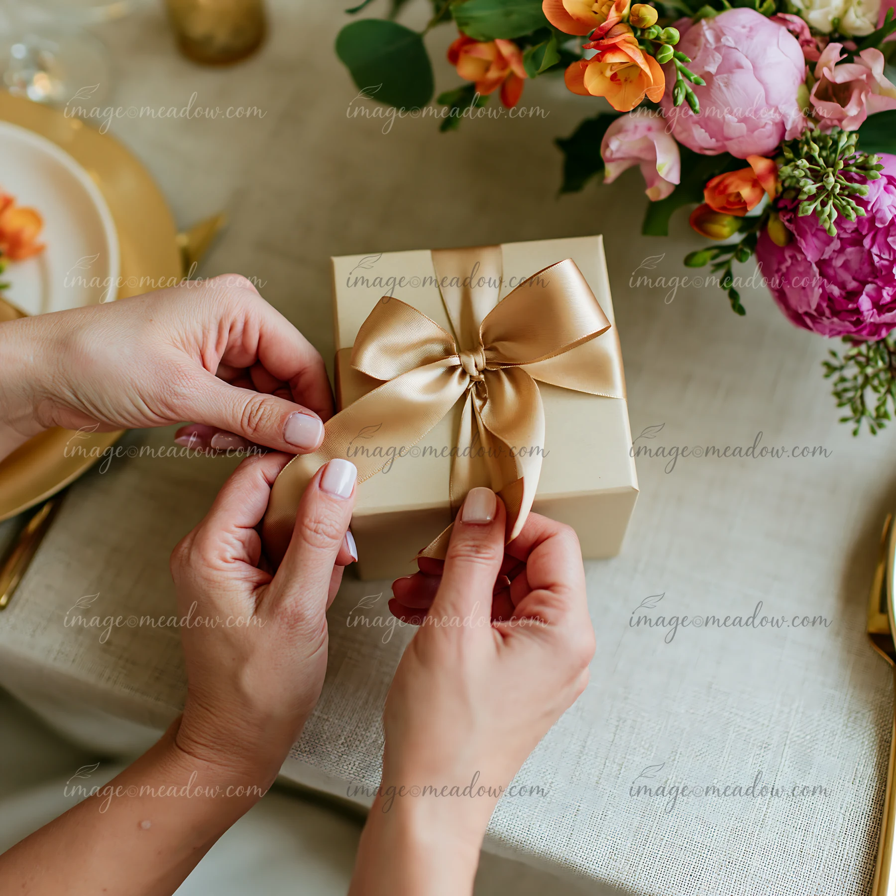 Hands are carefully tying a gold ribbon around a gift box on a table decorated with flowers.