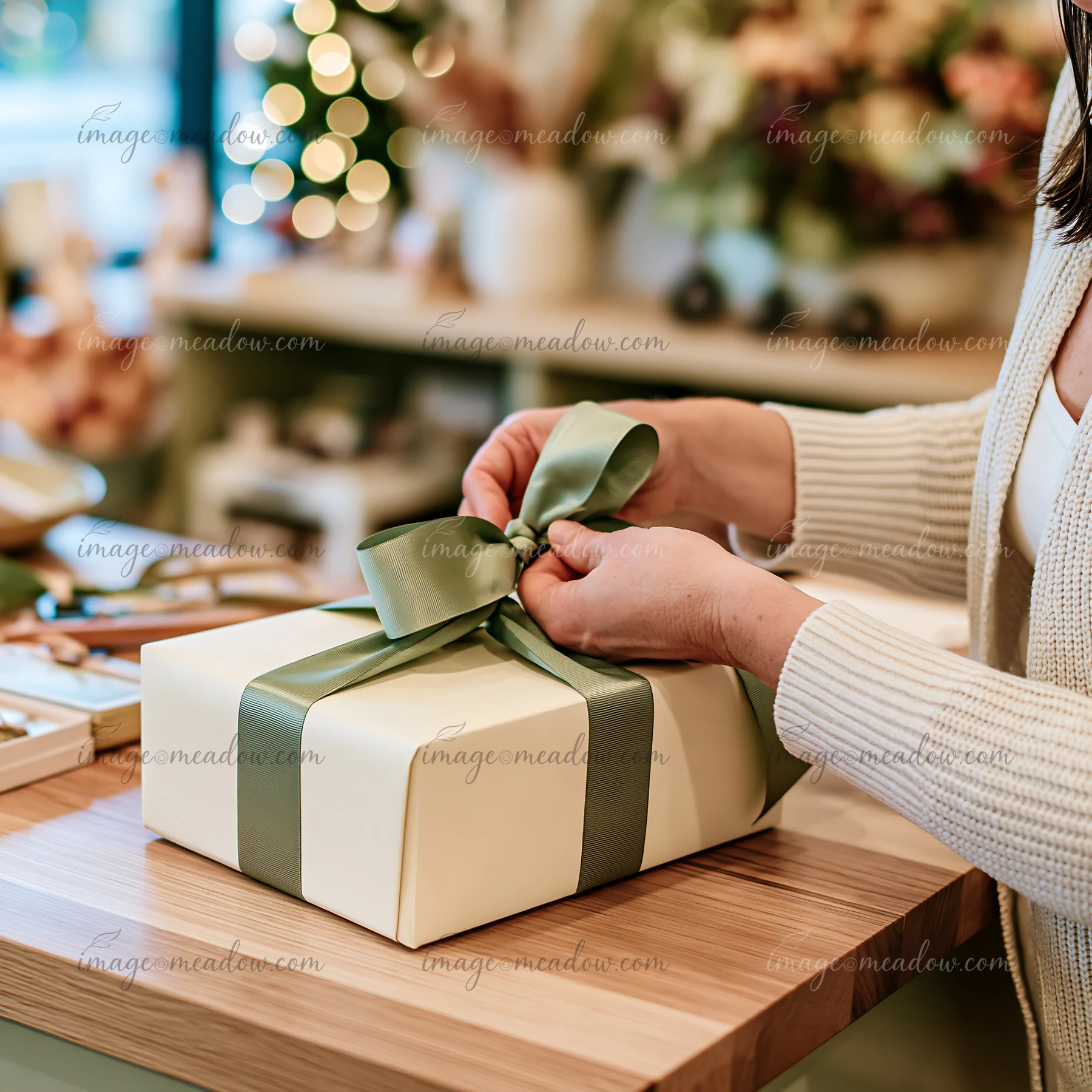 Hands are tying a green ribbon around a white gift box placed on a wooden table in a festive setting with blurred holiday decorations in the background.