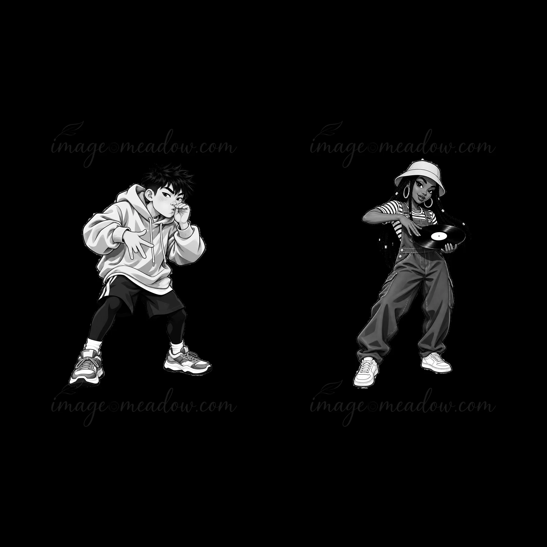 Two hip-hop artists are shown in a monochrome style. One is rapping and the other is playing vinyl records. Their poses highlight the action of music creation i