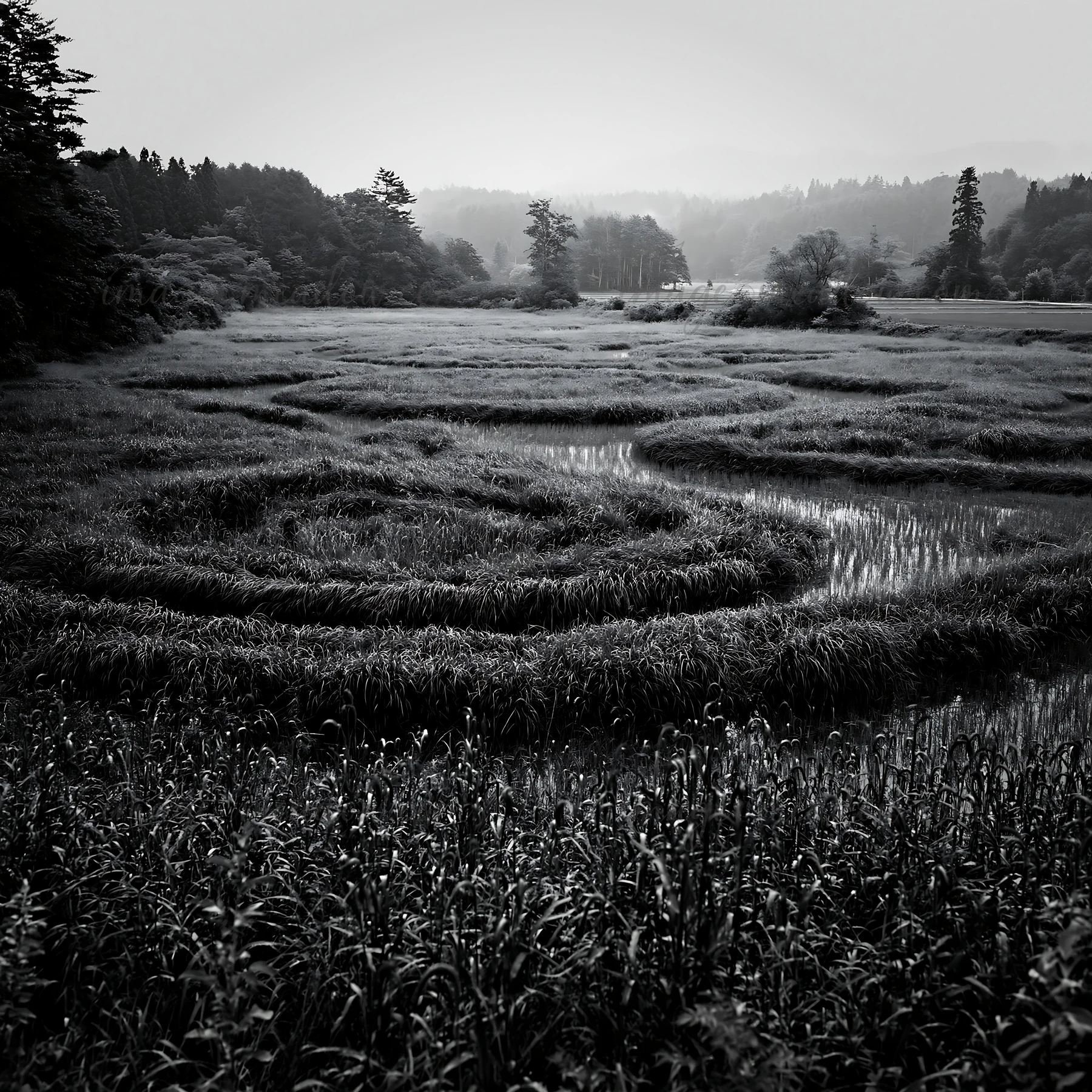 Seedheads surround the winding paths of a meadow in Iwate after rain. The grass is lush and green, and the misty landscape showcases hills and trees. The scene