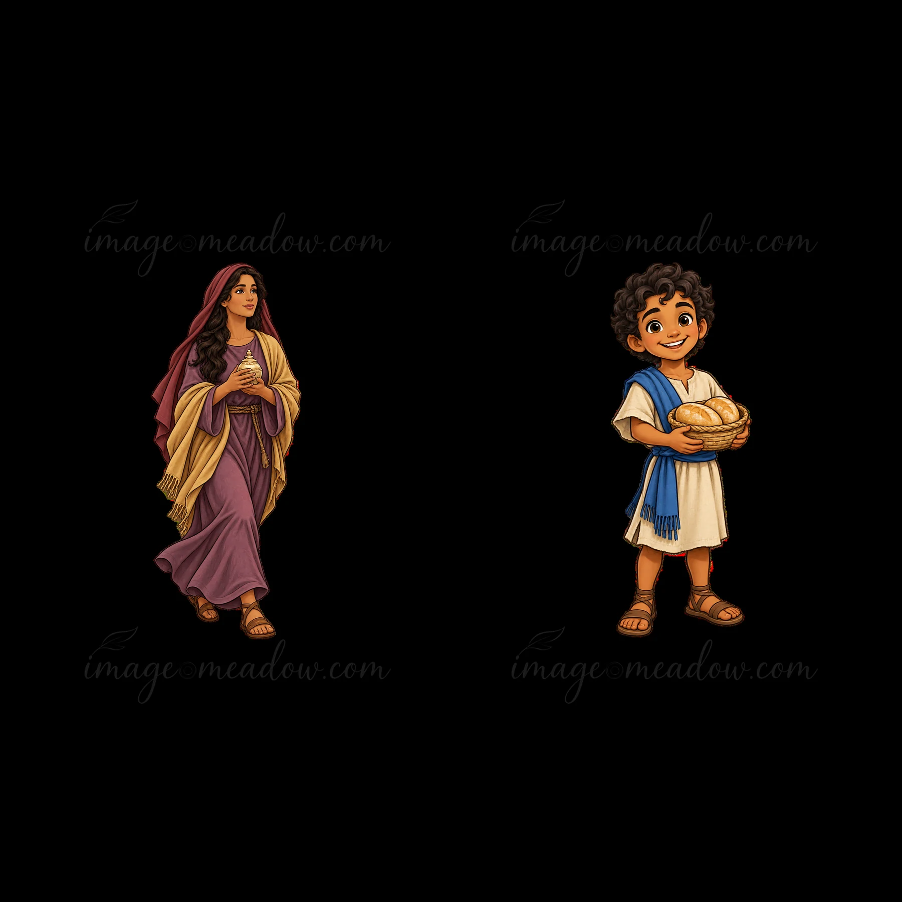 A woman walks to Jesus wearing a purple garment with a shawl. A young boy stands beside Jesus holding a basket of bread. The setting appears to reflect a biblic