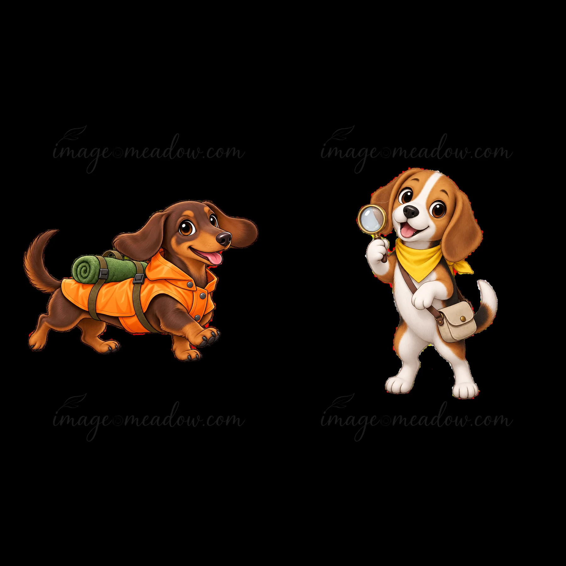 Two cute K-9 dogs engage in exploration. One dog wears an orange vest and carries camping gear. The other holds a magnifying glass and wears a yellow bandana. T