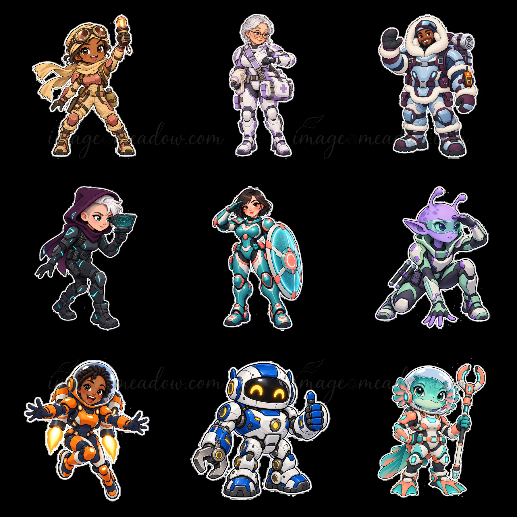 A collection of nine kawaii futuristic super-soldier characters. Each character has unique attire and accessories, featuring bright colors like purple, teal, an