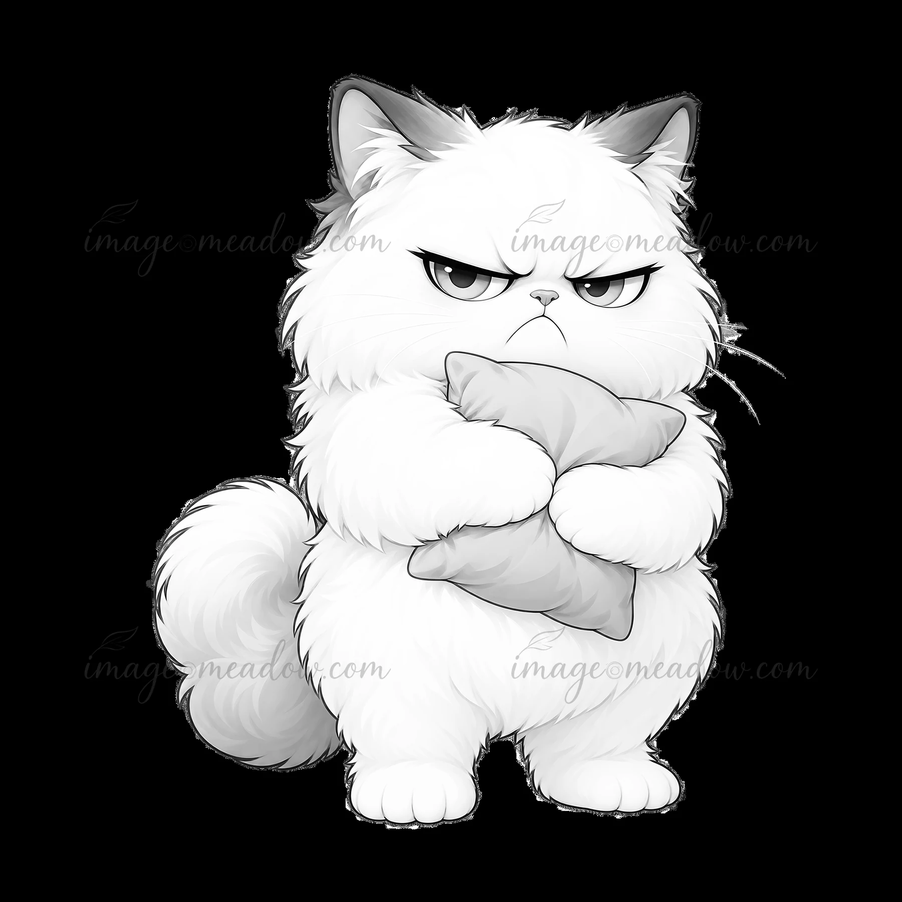 A grumpy cat stands with a pillow clutched in its paws. The cat has fluffy fur and a frowning face, clearly unhappy. This character showcases a simple yet disti