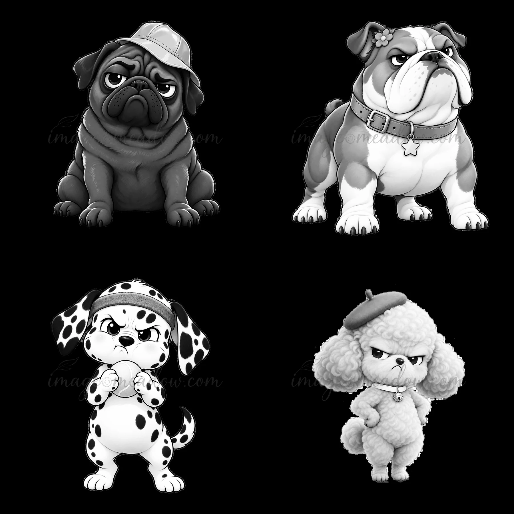 This illustration features four grumpy dog characters in a 2x2 arrangement. The dogs include a pug, bulldog, dalmatian, and poodle, each with distinct expressio