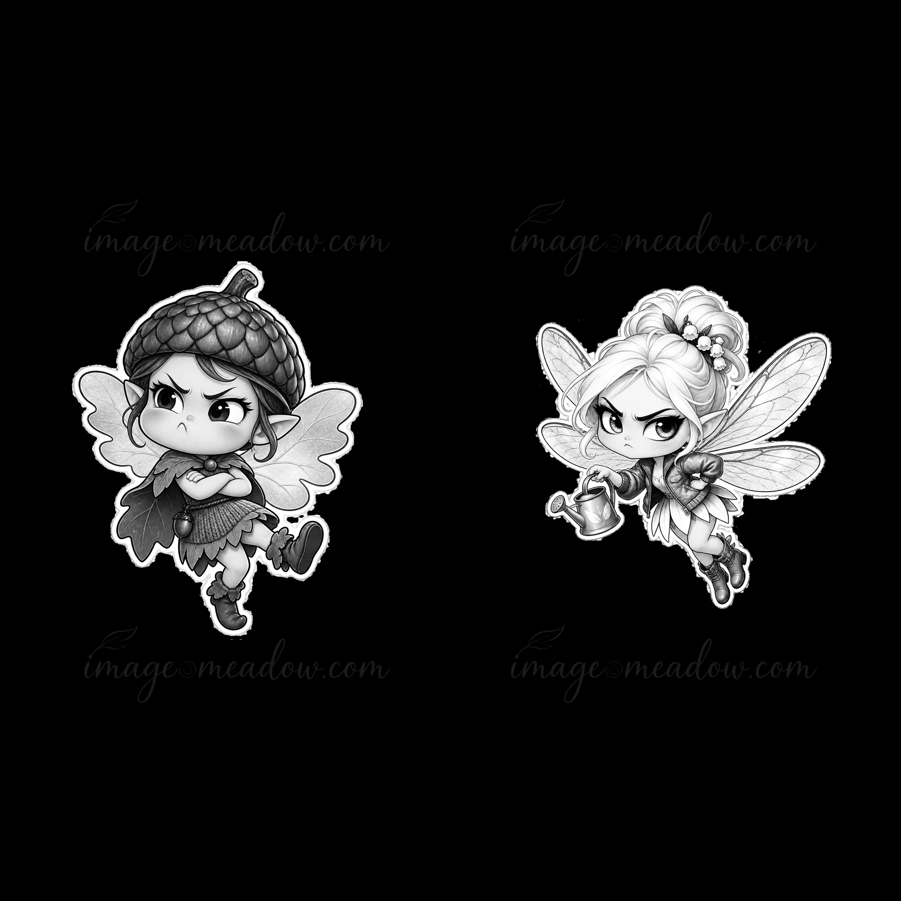 Two cartoon fairies are illustrated in a whimsical style. One fairy has an acorn cap and a grumpy expression, while the other is watering a plant. Both figures