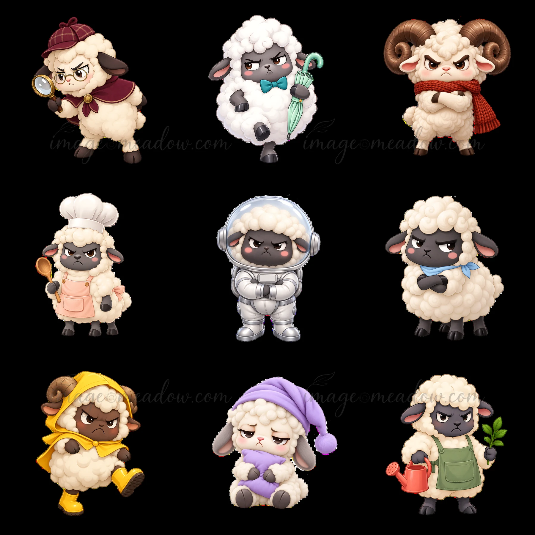 Nine kawaii grumpy sheep are shown in a 3x3 layout. Each sheep has a unique outfit and expression, such as a chef, astronaut, and gardener.
