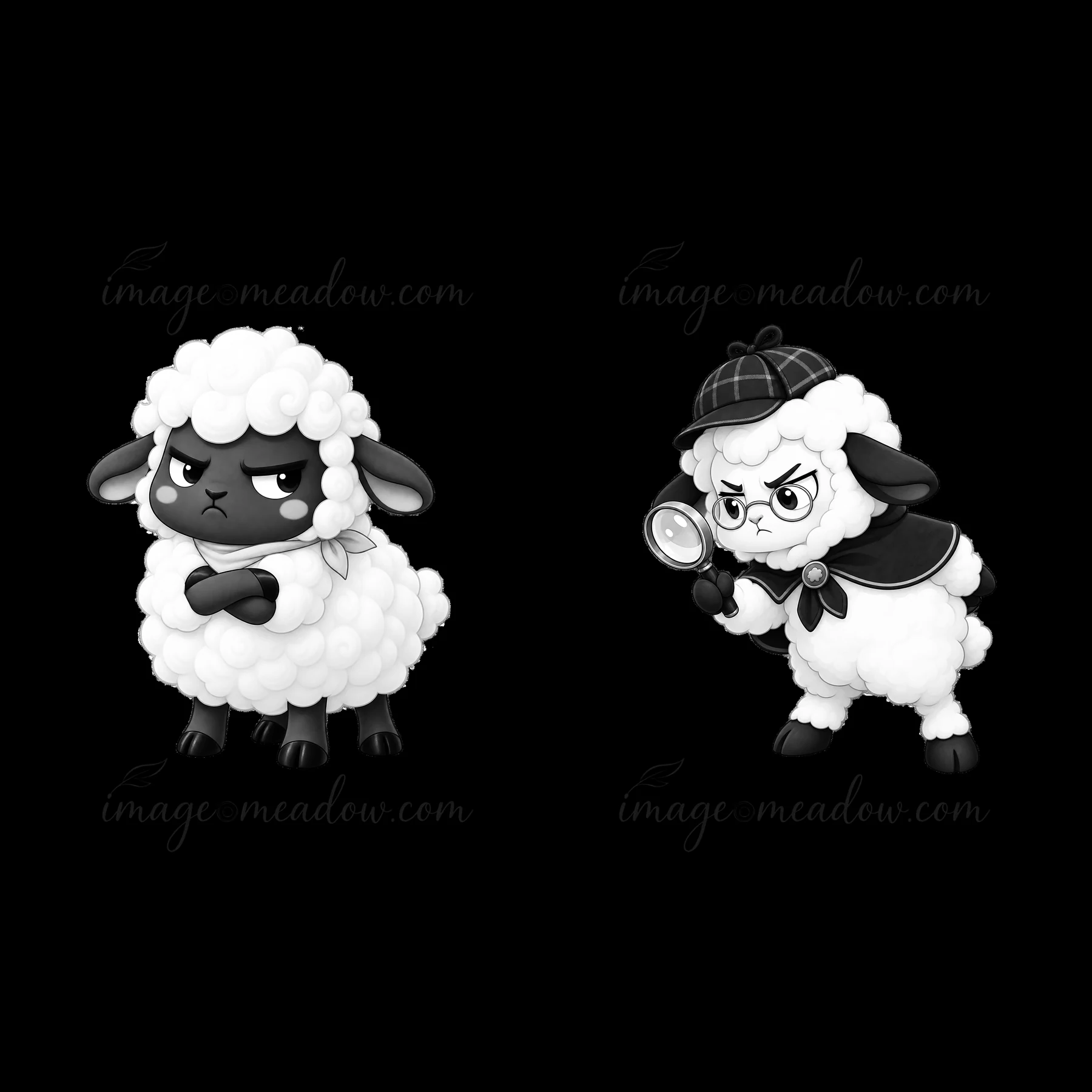 Two cartoon sheep characters with grumpy expressions. One sheep stands crossed arms, and the other wears a detective hat and holds a magnifying glass. Both are
