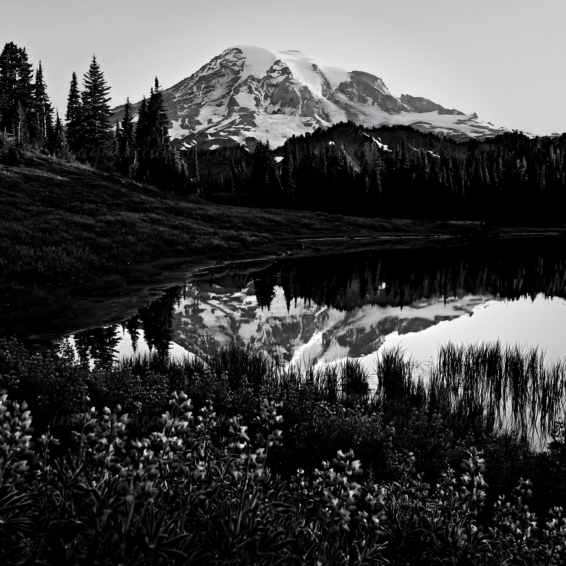Mount Rainier rises in the background over a wildflower meadow at sunrise. A mirror-like lake reflects the mountain and the surrounding trees. Flowers bloom in