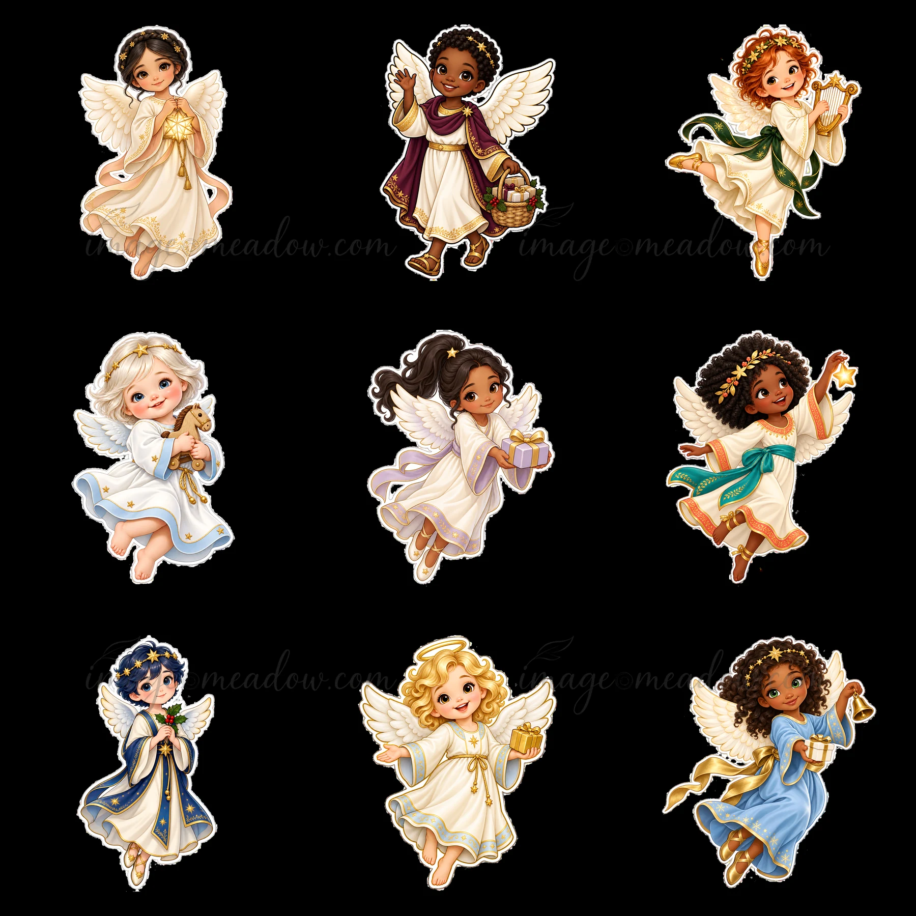 This illustration features nine cartoon angels dressed in white robes, each holding different gifts. The angels have diverse hair colors and styles, celebrating