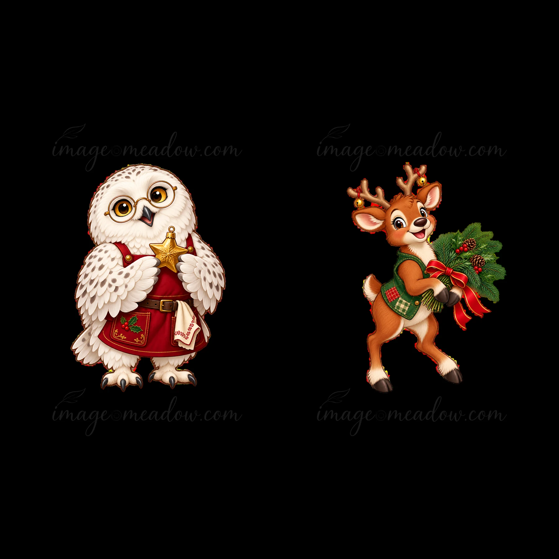 An owl wearing a red outfit holds a gold star, while a deer in green attire carries a wreath. Both characters show festive spirit and readiness for Christmas fu