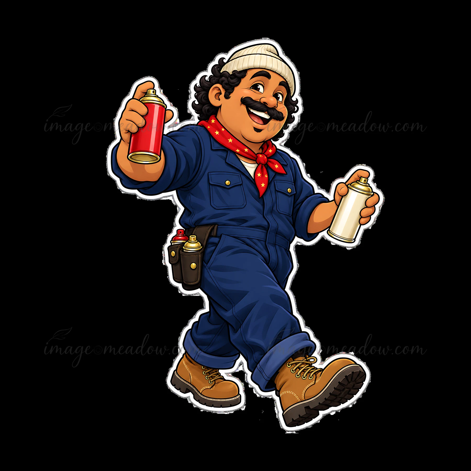 A man walks confidently, holding two spray cans, one red and one white. He wears a blue uniform, brown boots, and a red bandana. The design emphasizes patriotic
