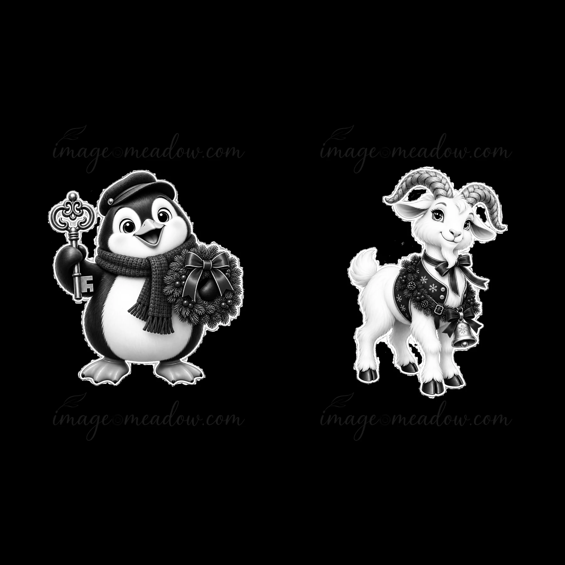 A penguin holds a wreath and a key while standing on the left. A goat stands on the right, wearing a bell and festive decorations. Together, they make a cheerfu