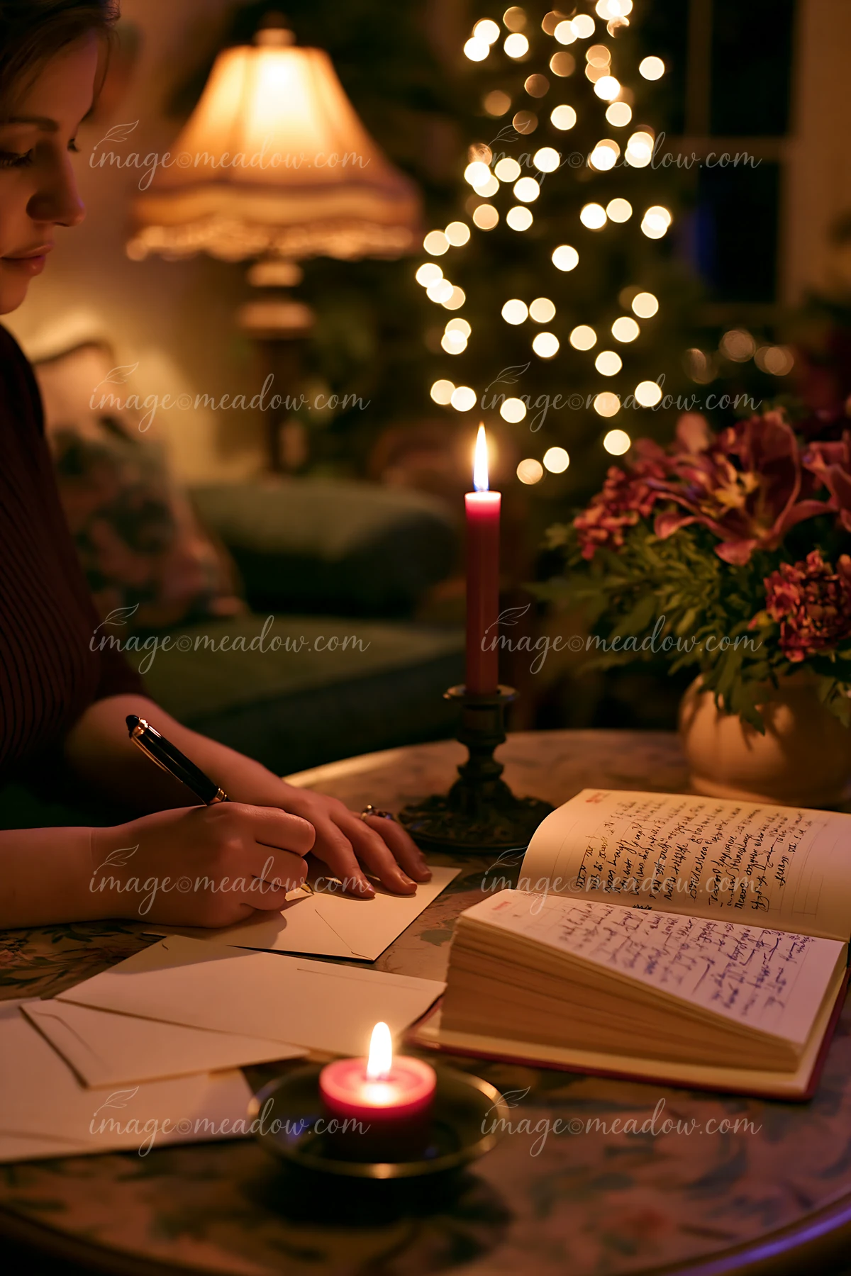 Person writes a gift list at a desk beside envelopes and an open notebook in a warmly lit room.