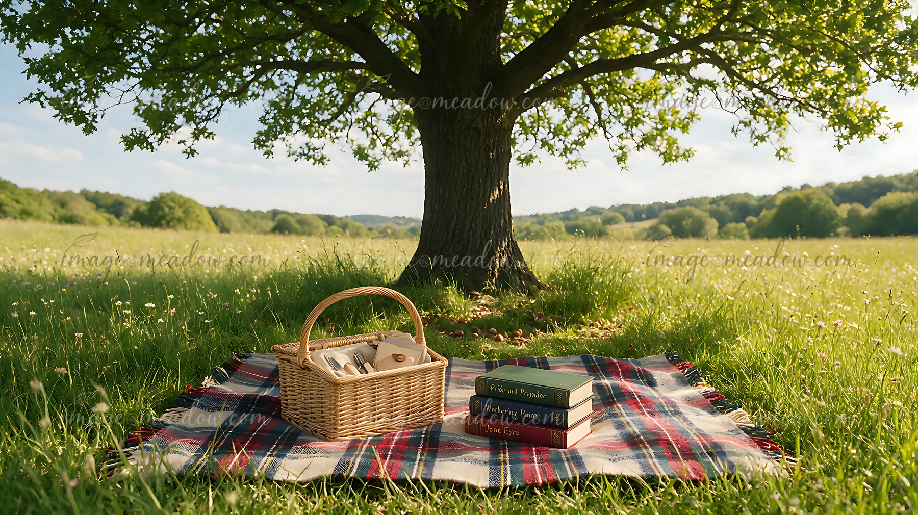 Picnic basket and books on a blanket in a sunlit meadow beneath a broad oak tree