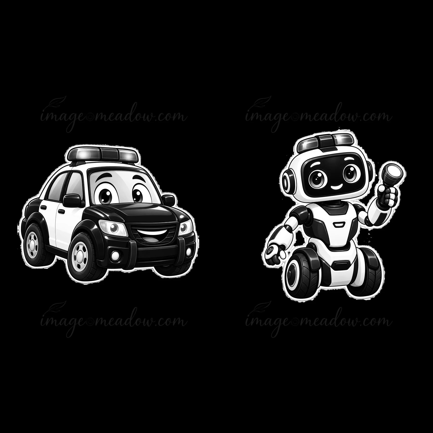 Two cartoon figures feature a police car and a robot. The police car has lights and a friendly face. The robot holds a flashlight and has a cheerful expression.