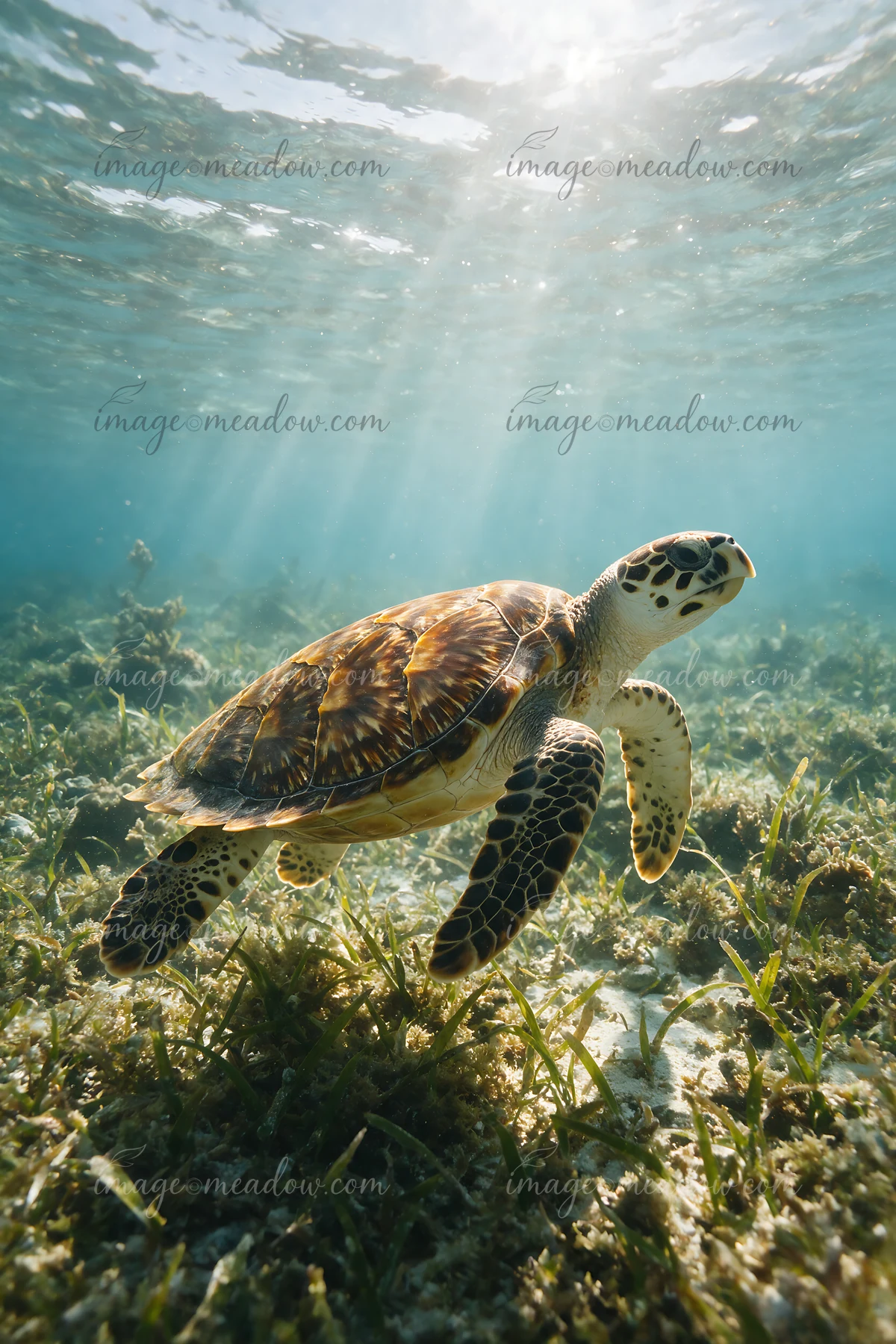 Sea turtle swims above seagrass and aquatic plants in clear sunlit underwater water.