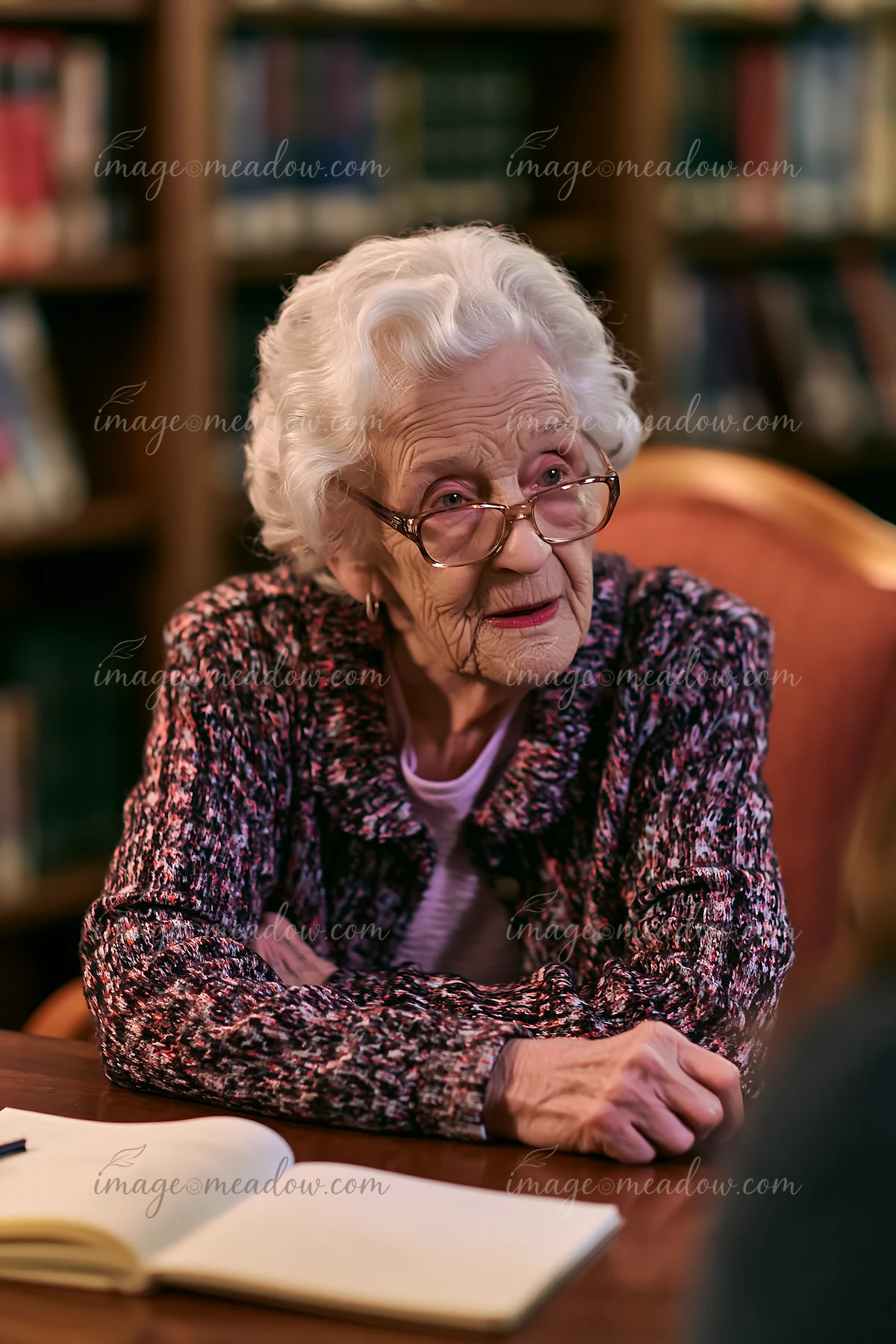 Senior woman with glasses sits at a table beside an open book in a warmly lit library.