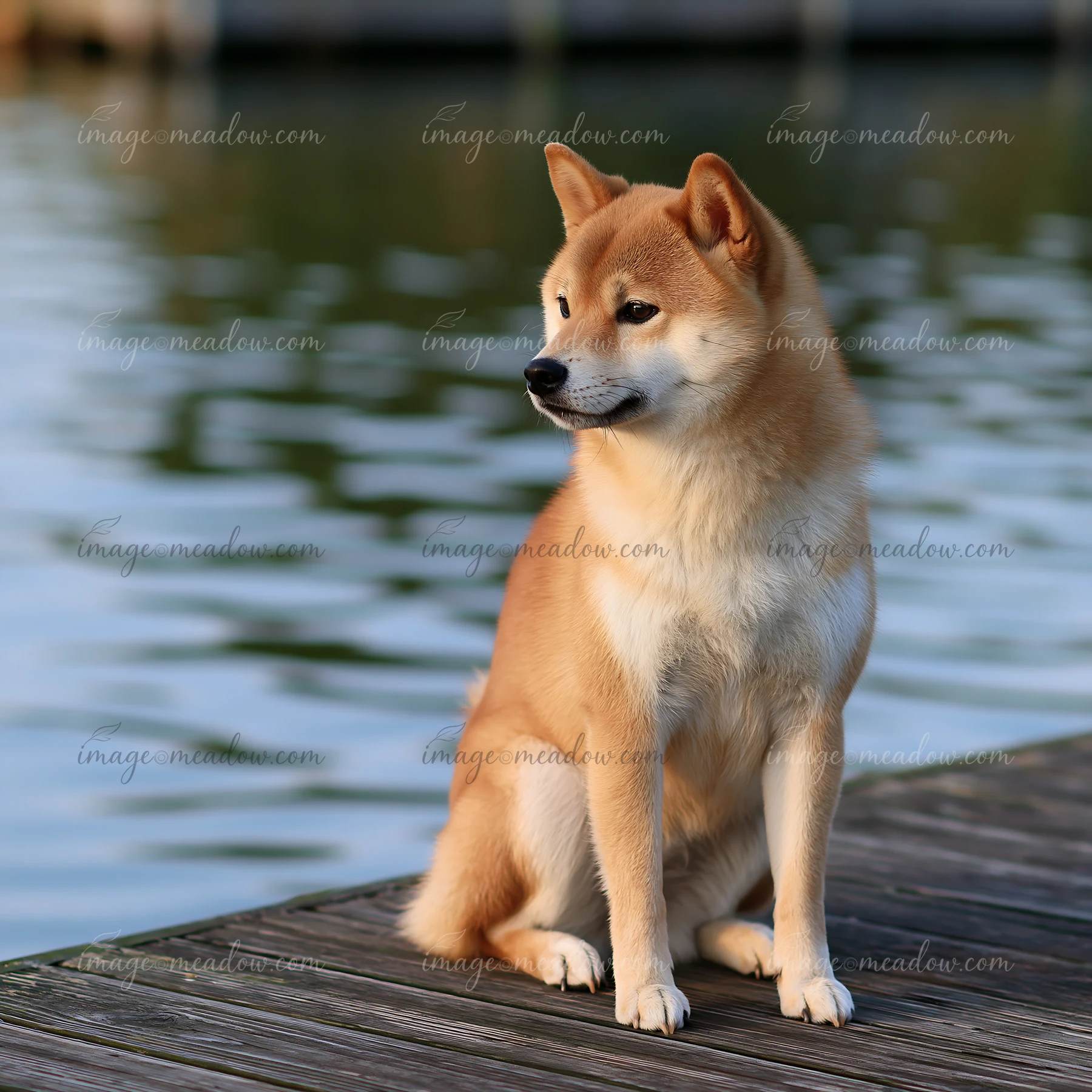 Shiba Inu sitting on a wooden dock beside softly rippling water.