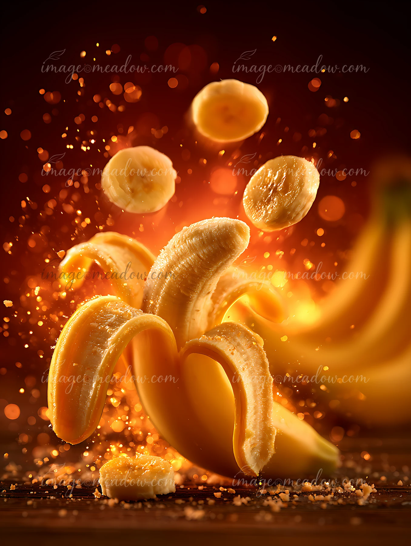 Sliced bananas are suspended in the air against a vibrant, glowing background.