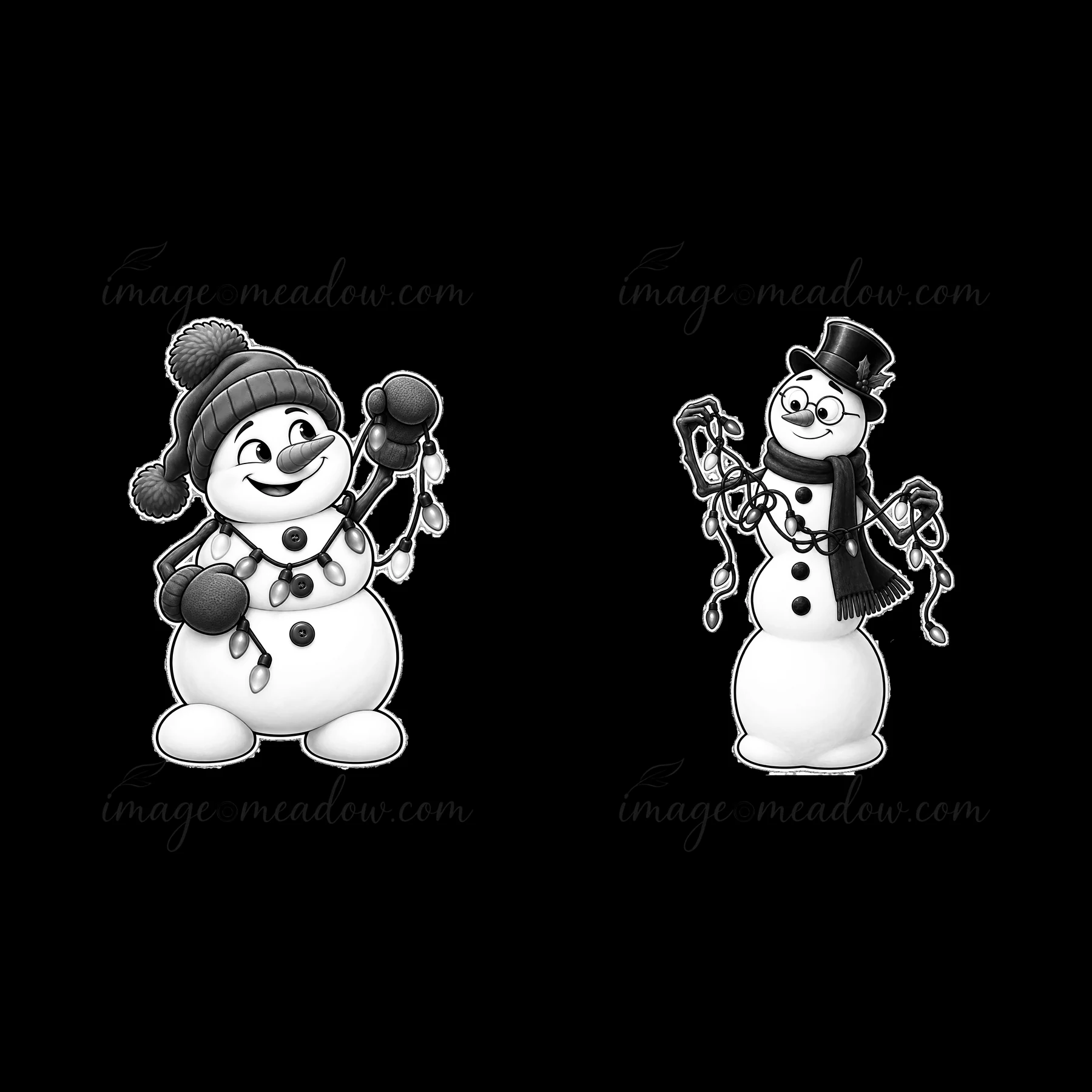 Two snowman characters are seen holding colorful string lights. They appear to be in a festive mood while preparing for decoration. One snowman wears a hat with