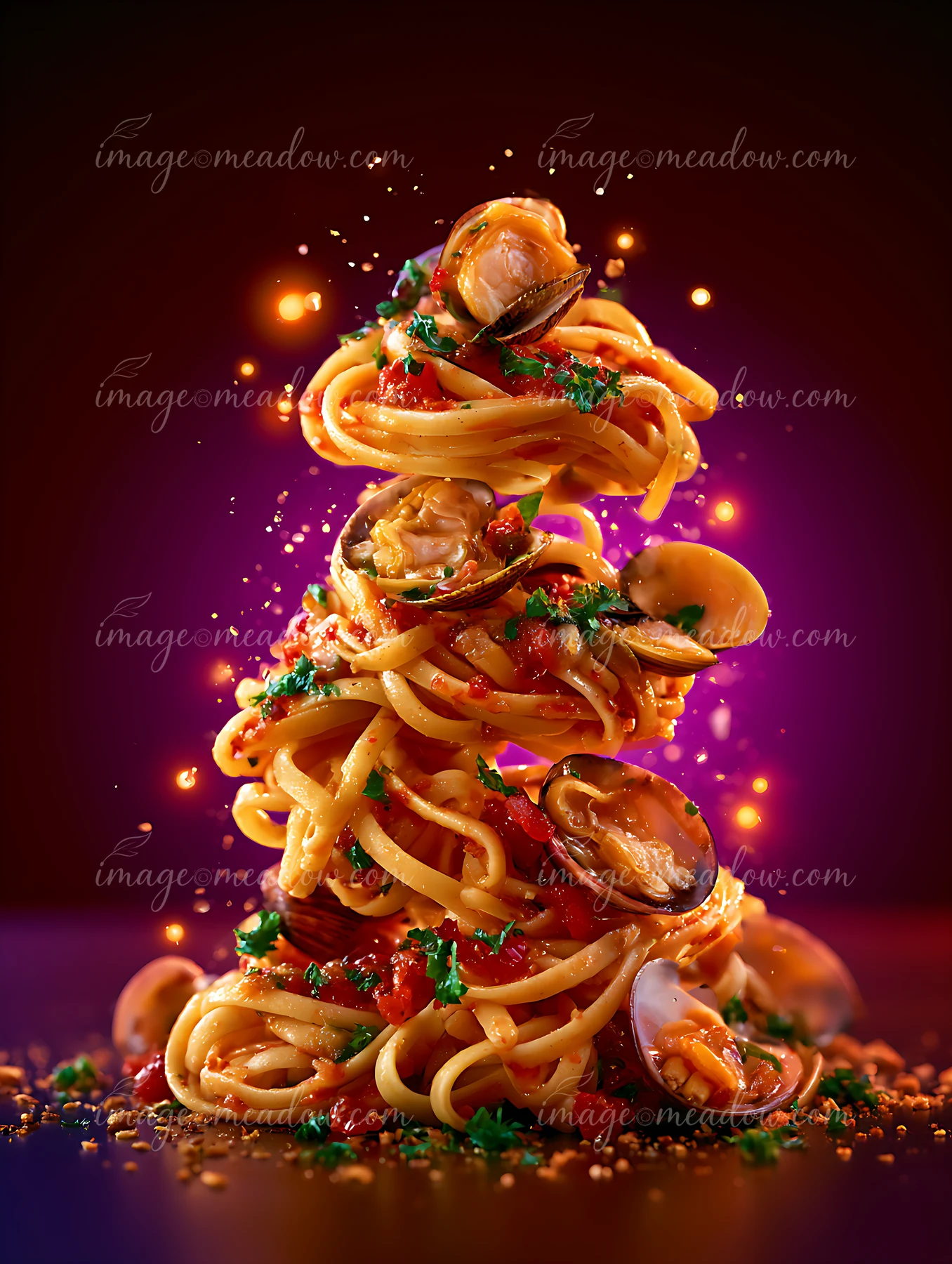 Spaghetti topped with clams and herbs stands in a colorful display, showcasing a creative food presentation.