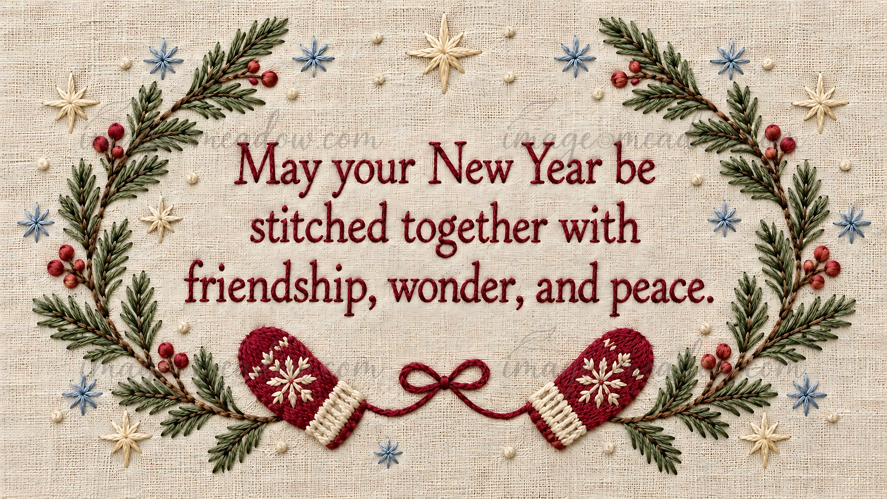 The message “May your New Year be stitched together with friendship, wonder, and peace” appears in red lettering on beige linen, framed by evergreen branches, r