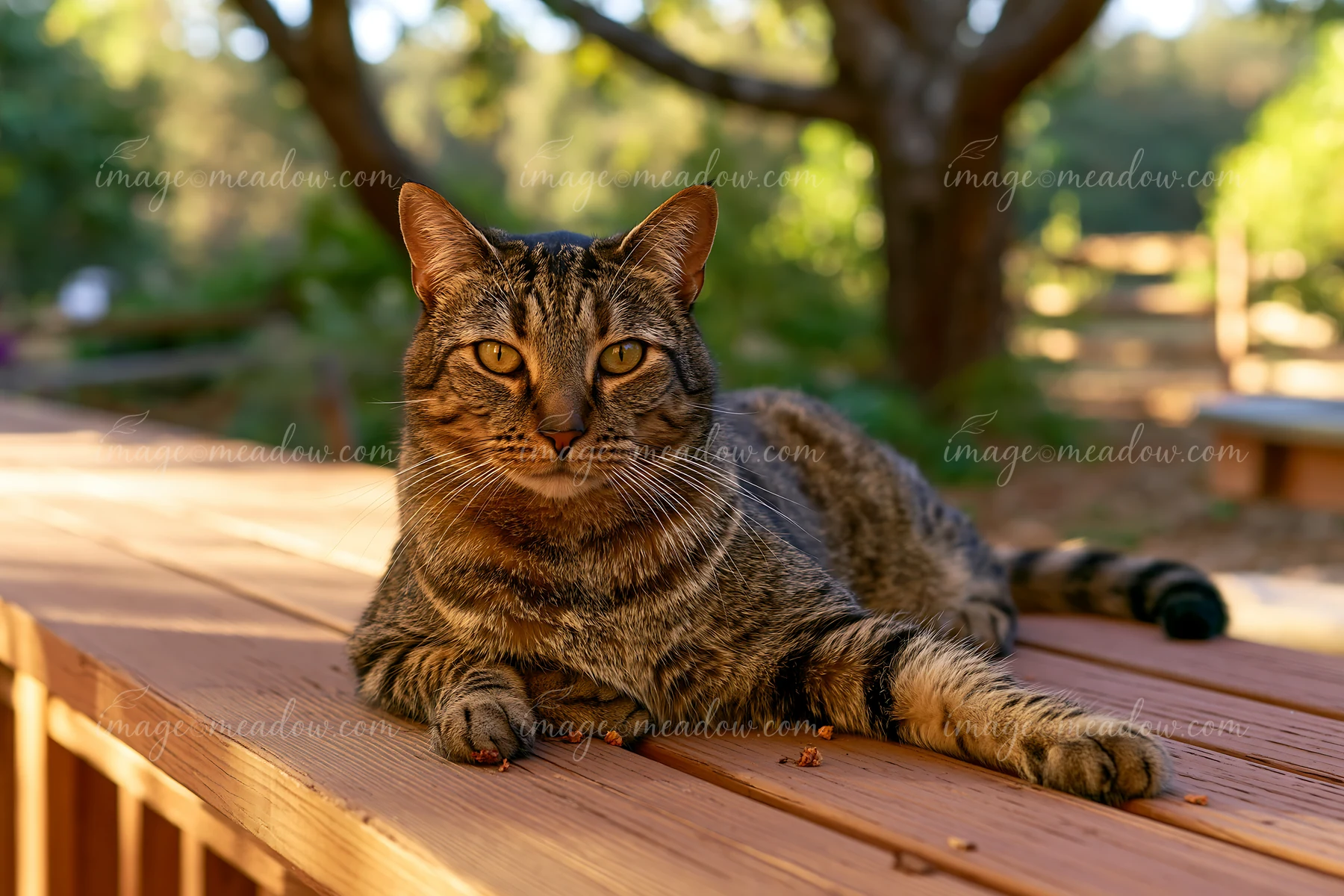 Striped brown cat rests on a wooden deck outdoors with trees softly blurred behind it.